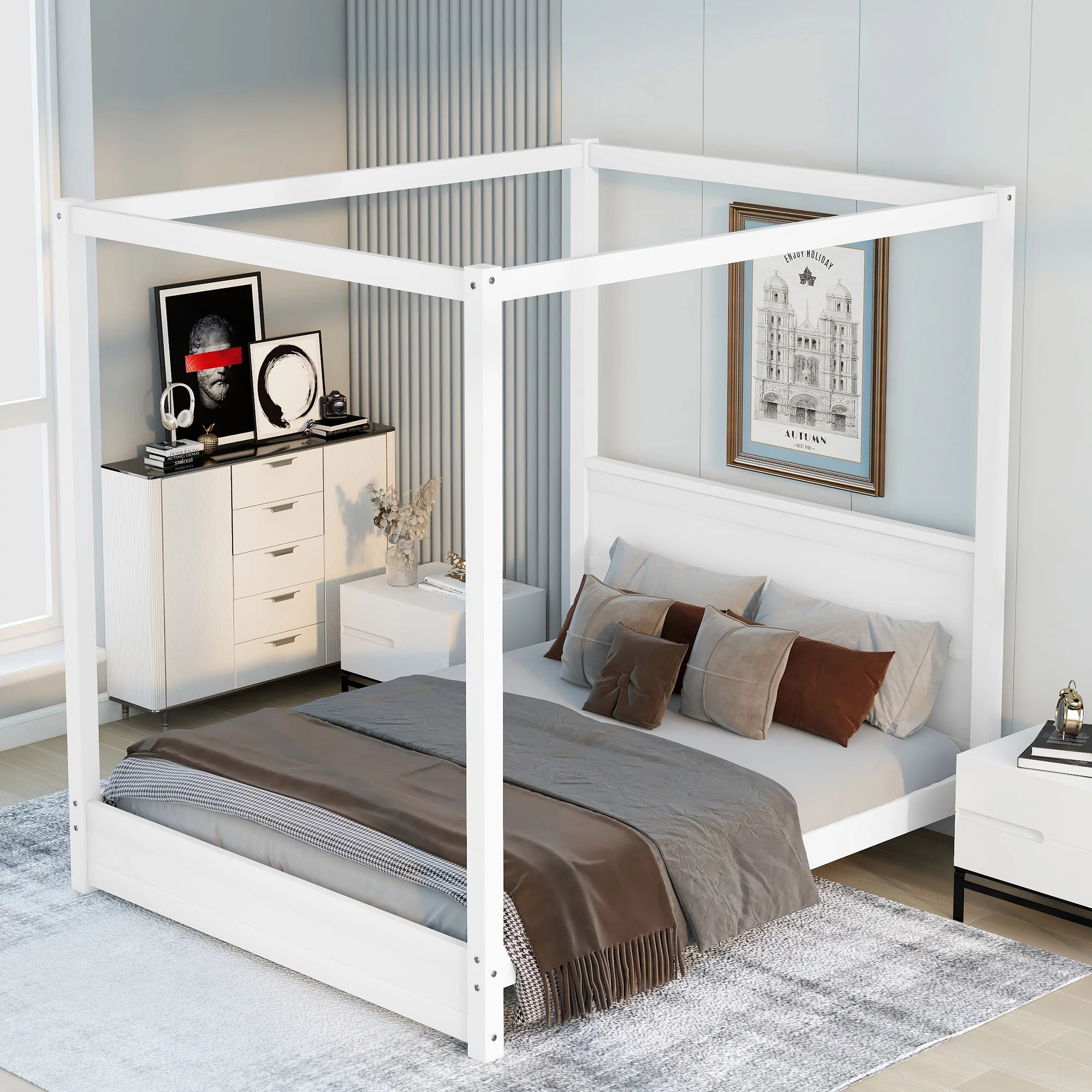 CoSoTower Queen Size Canopy Platform Bed with Headboard and Support Legs, White