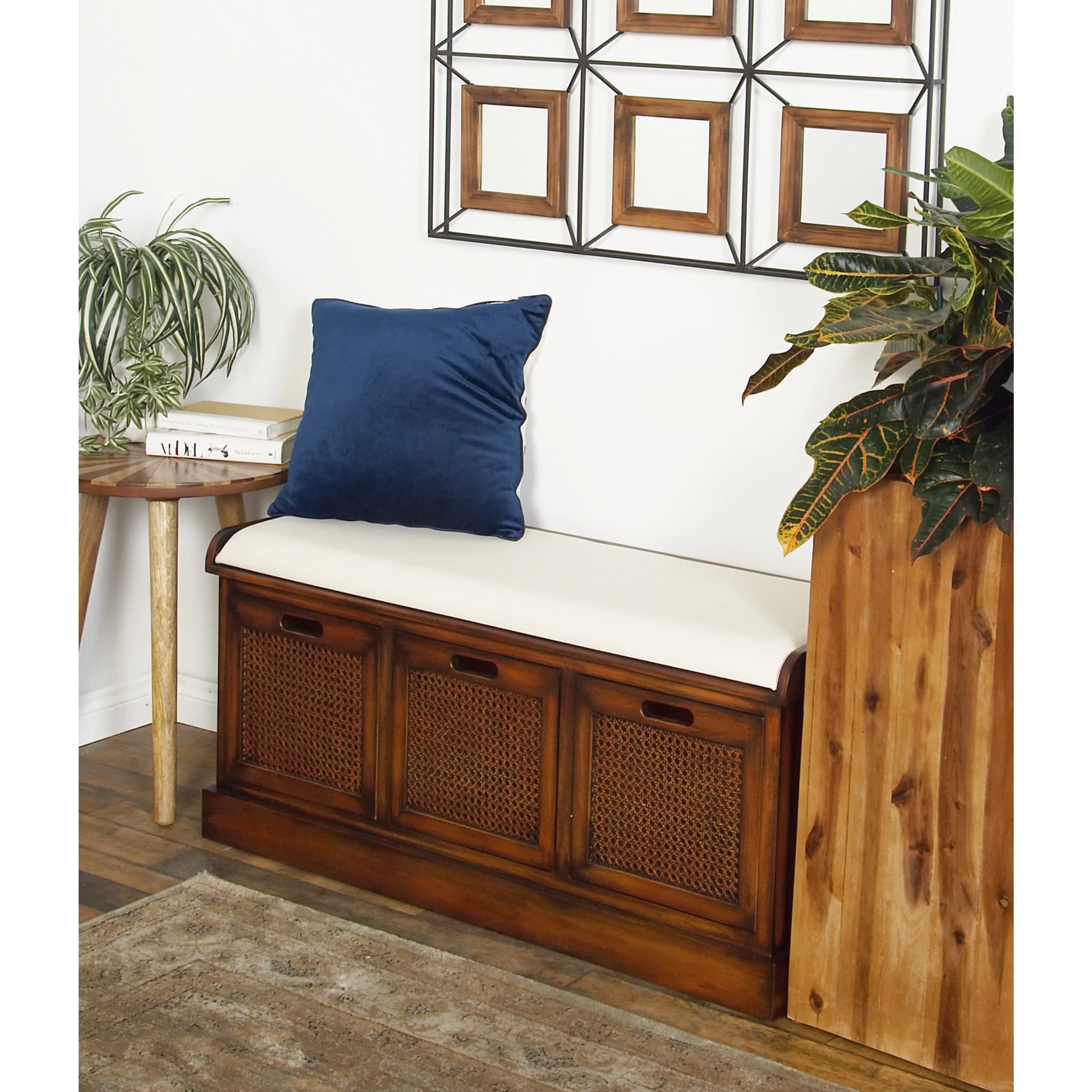 DecMode Wood Storage Bench with Upholstered Seat, Brown