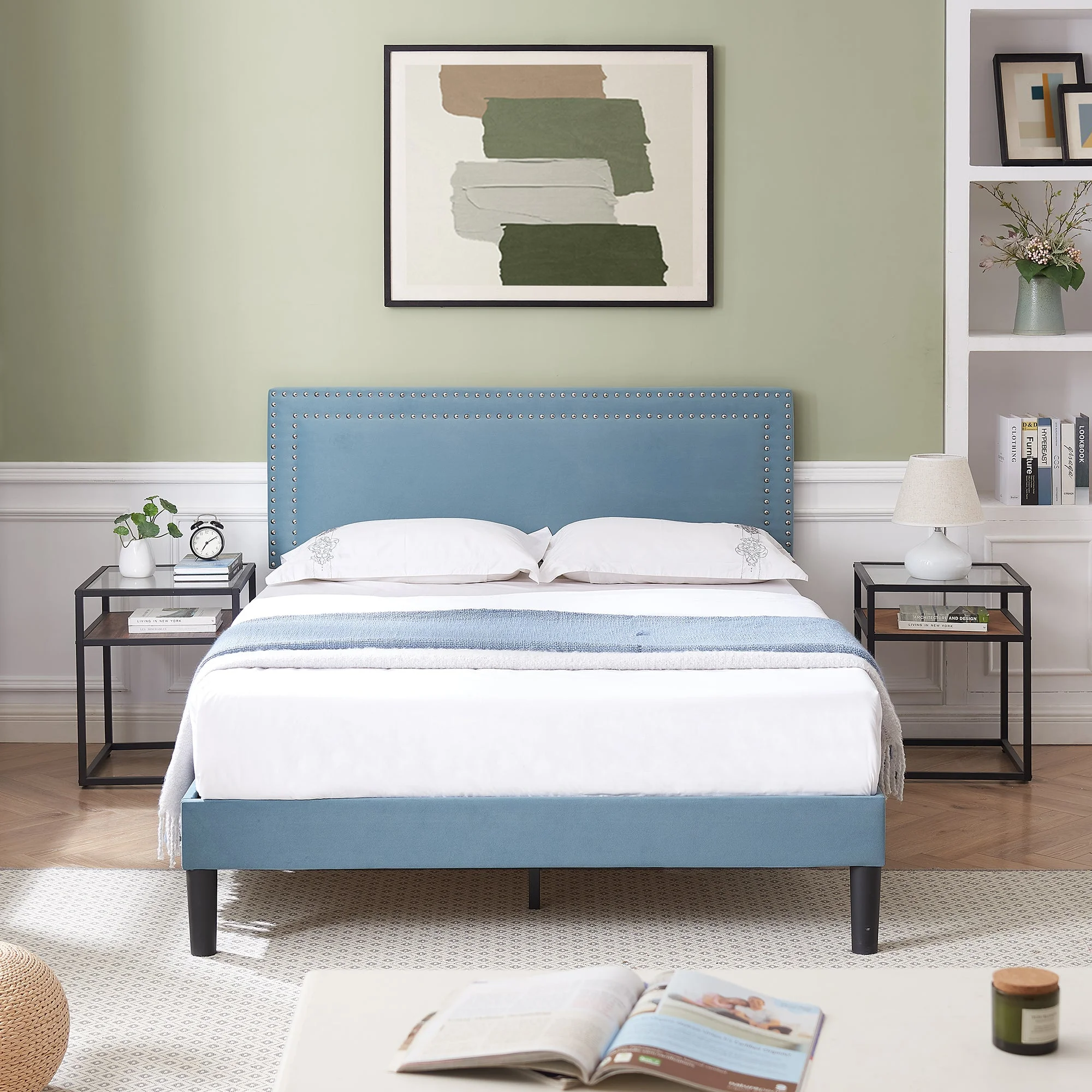 VECELO Queen Size Platform Bed Frame, Modern Upholstered Bed Frame with Adjustable Height & Nailhead Trim Headboard, No Box Spring Needed, Easy Assembly, Light Blue