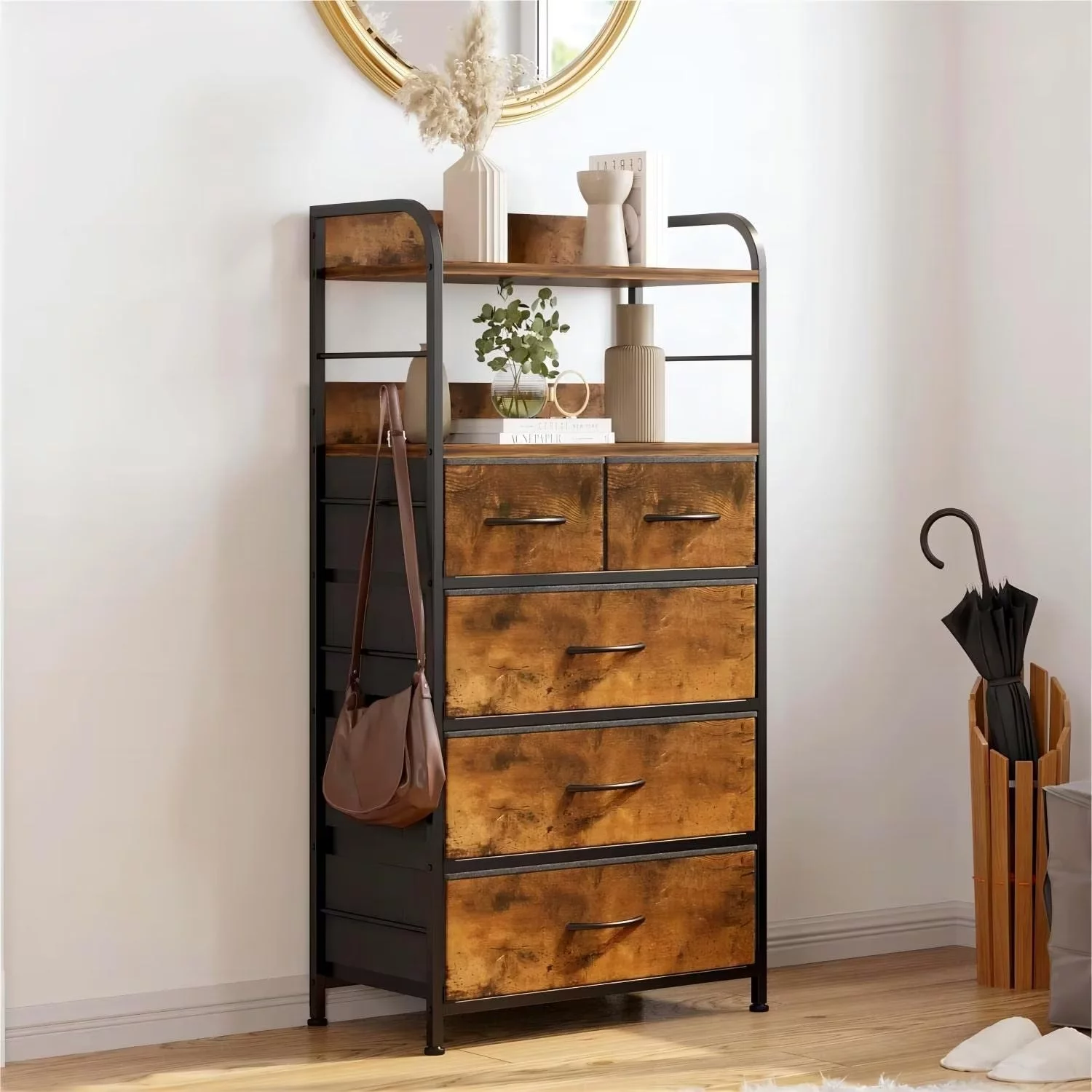 GOGRANT Dresser for Bedroom with 5 Drawers, Small Fabric Dresser for Storage and Organization, Chest of Drawers with Wood Top, Rustic Brown