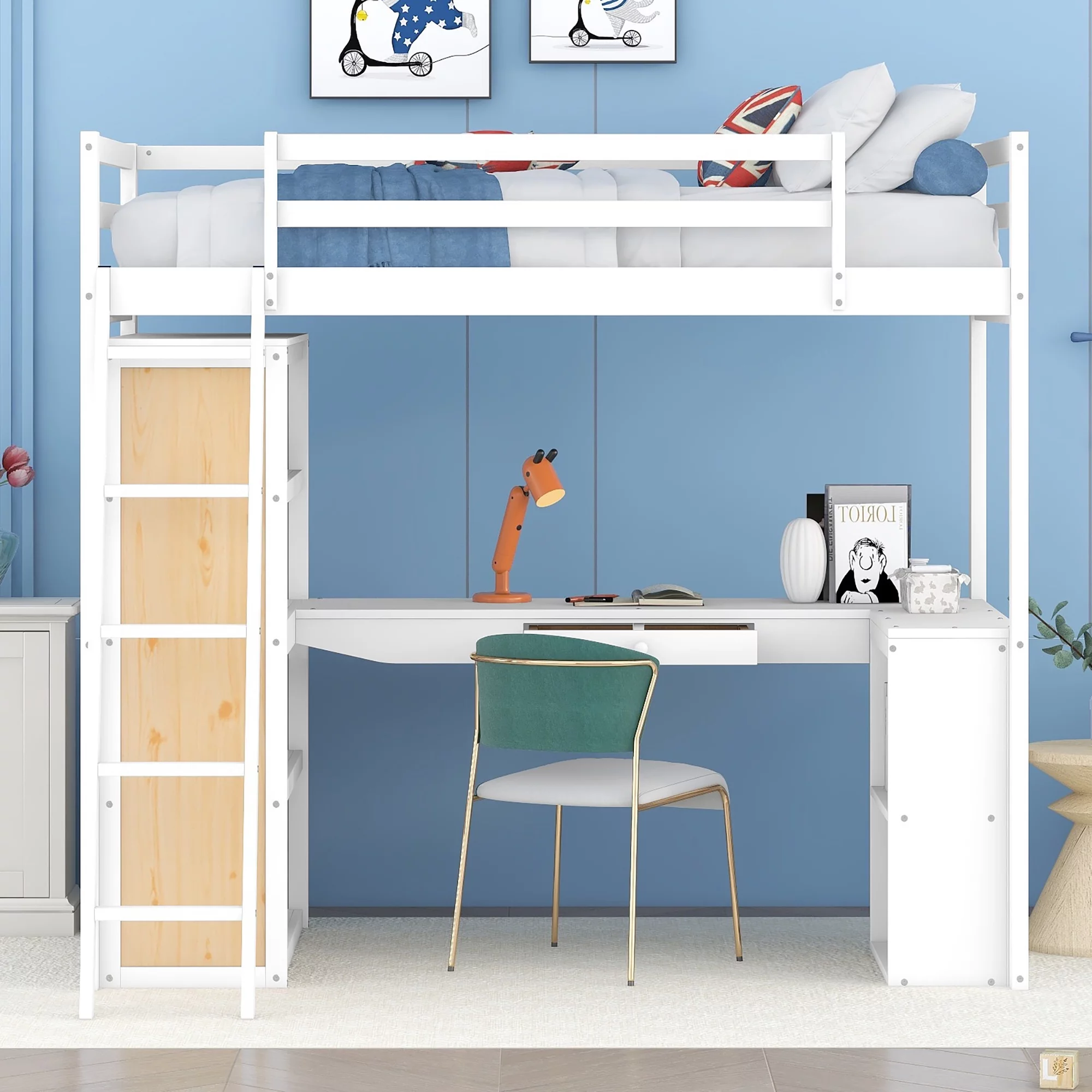 CoSoTower Twin Size Loft Bed with Ladder, Shelves, and Desk, White