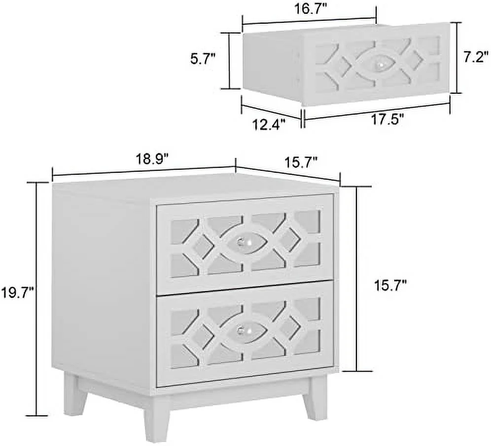 HBBOOMLIFE Mirror Nightstand Set of 2  Wooden Accent Chest Dresser with 2 Mirrored Drawers  Decorative End Table Bed  Bedroom  Set  White (18.9" W x 15.7" D x 15.7" H)