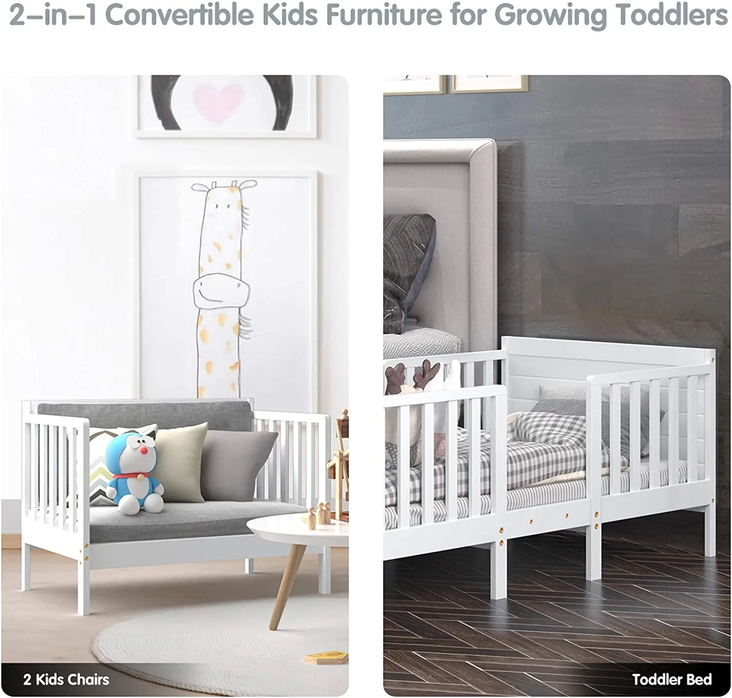 2 in 1 Convertible Toddler Bed Frame, Converts to Two Chairs, Classic Wood Kids Bed w/ Double Side Safety Guardrails, Footboard for Extra Safety, Fits Full Size Crib Mattress (White)