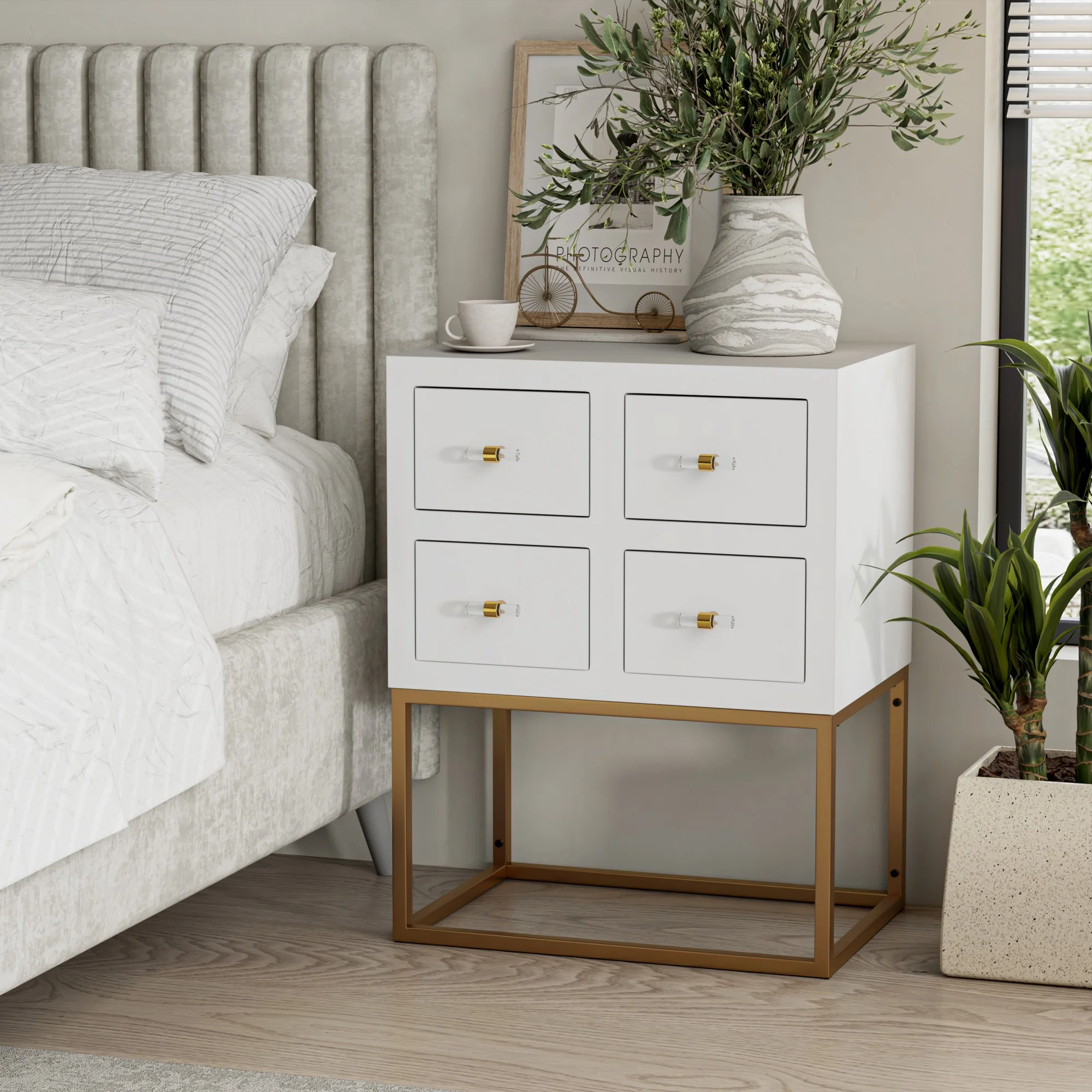 COZAYH Modern 4-Drawer Nightstand, Spacious Storage End Table with Golden Metal Base, Minimalist Chest of Drawers for Bedroom, Living Room, White