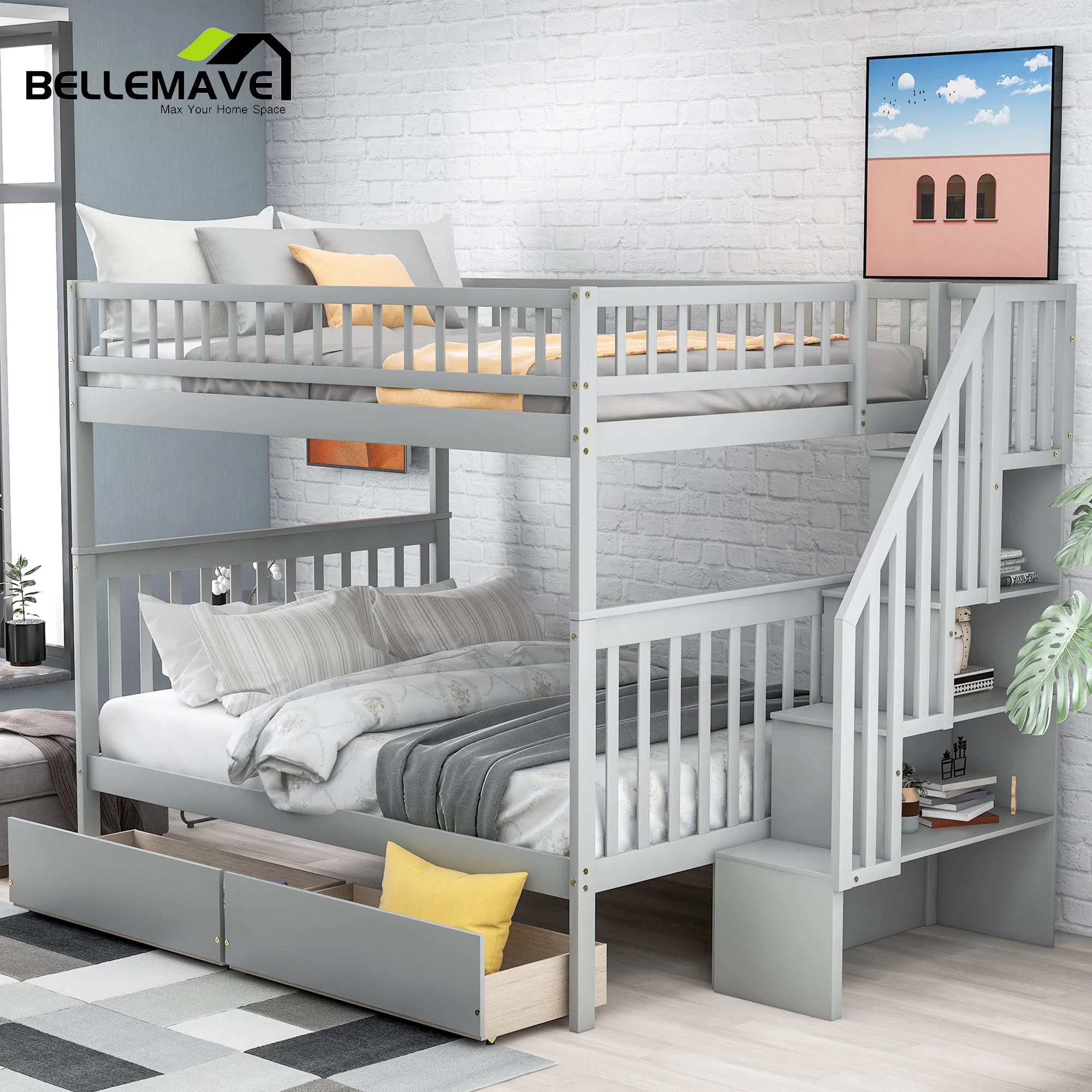Full over Full Bunk Bed with Storage Drawers and 3-Tier Shelves, Kids Bunk Bed/Wood Bunk Bed Full Size with Safety Guardrail, Headboard and Footboard, Bunk Bed for Kids, Teens, Adult(Gray)