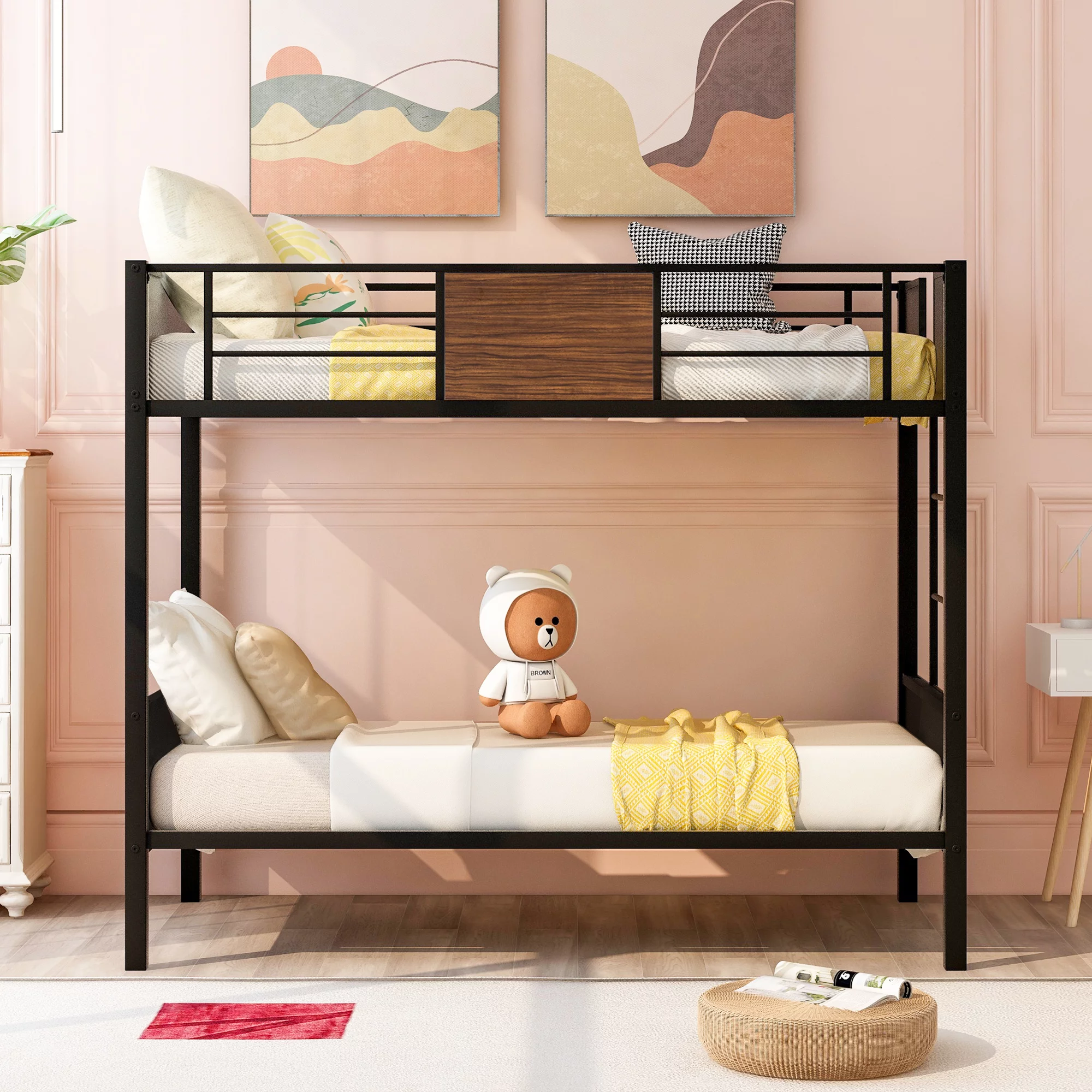 CoSoTower Twin-Over-Twin Bunk Bed Modern Style Steel Frame Bunk Bed With Safety Rail, Built-In Ladder For Bedroom, Dorm, Boys, Girls, Adults