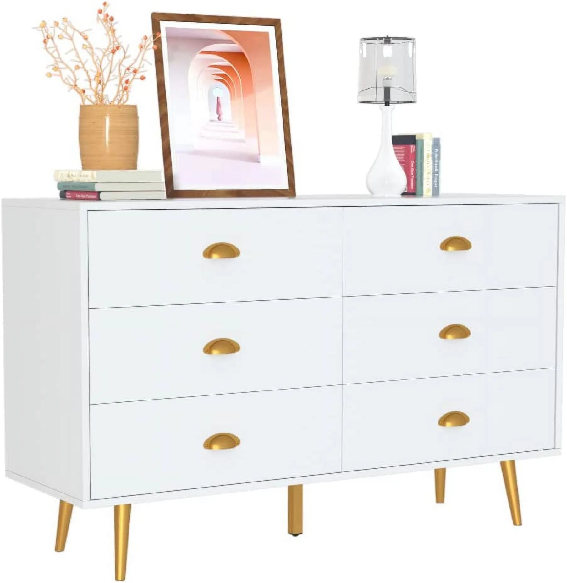 Black Dressr for Bedroom Modern 6 Drawer Dresser with Wide Drawers and Metal Handles Wooden Double Dressers & Chest of Drawers for Hallway Enterway