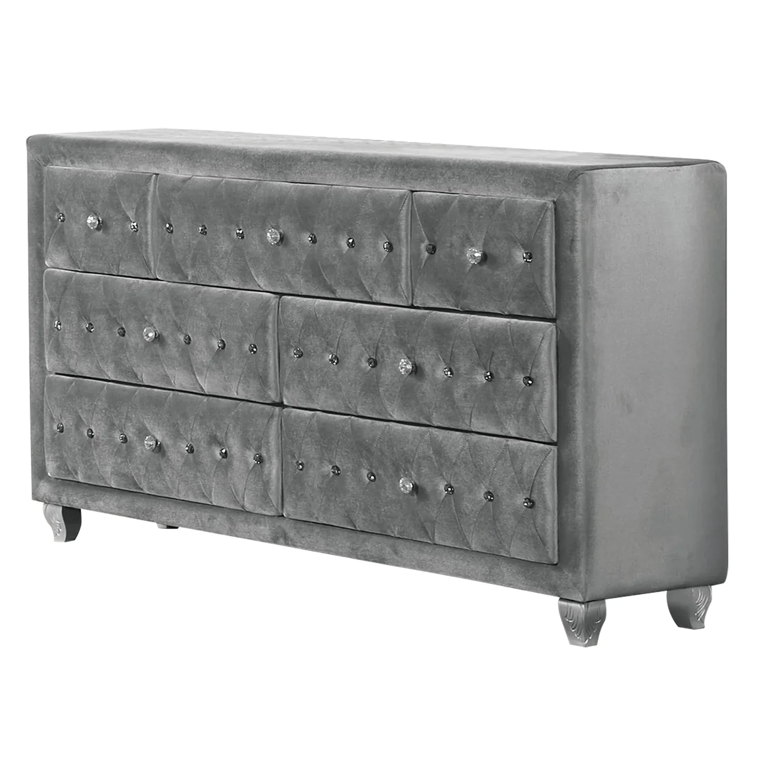 Benjara BM310913 59 in. Zoha Wide 7 Drawer Solid Wood Upholstery Dresser Chest, Gray