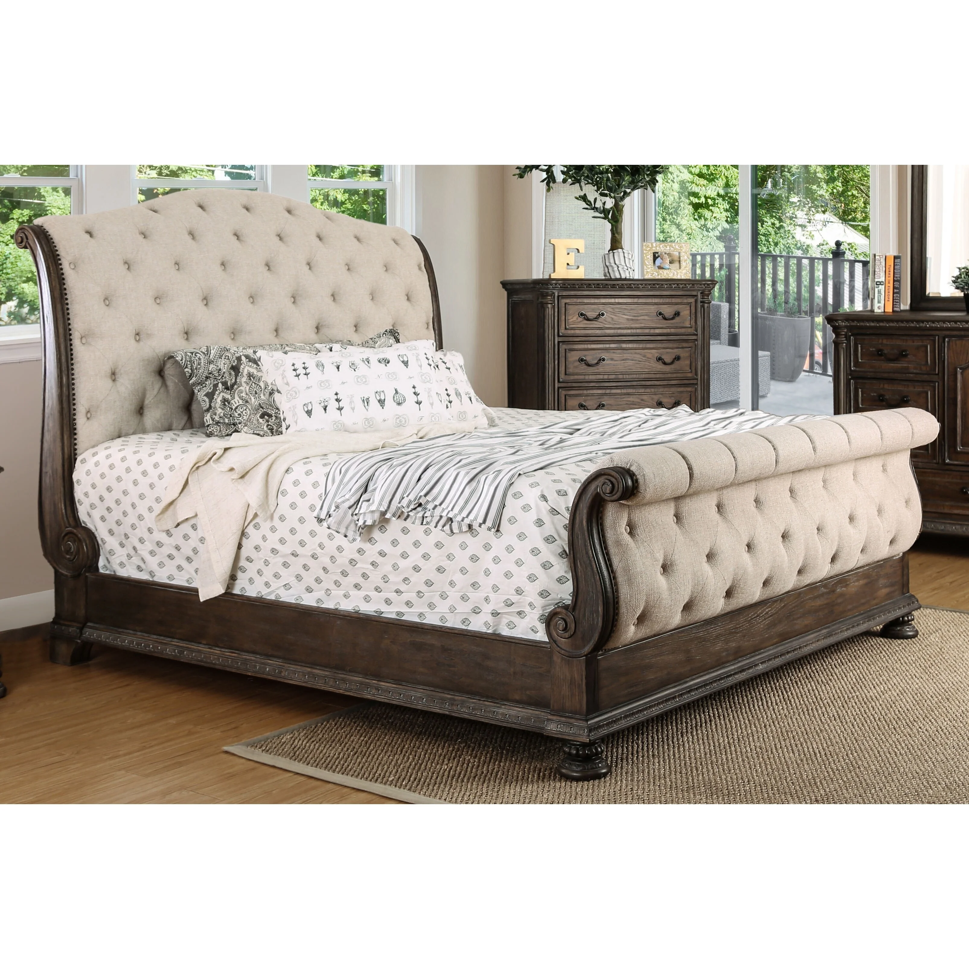 Furniture of America  Brev Rustic Beige Tufted Fabric Sleigh Bed Eastern King