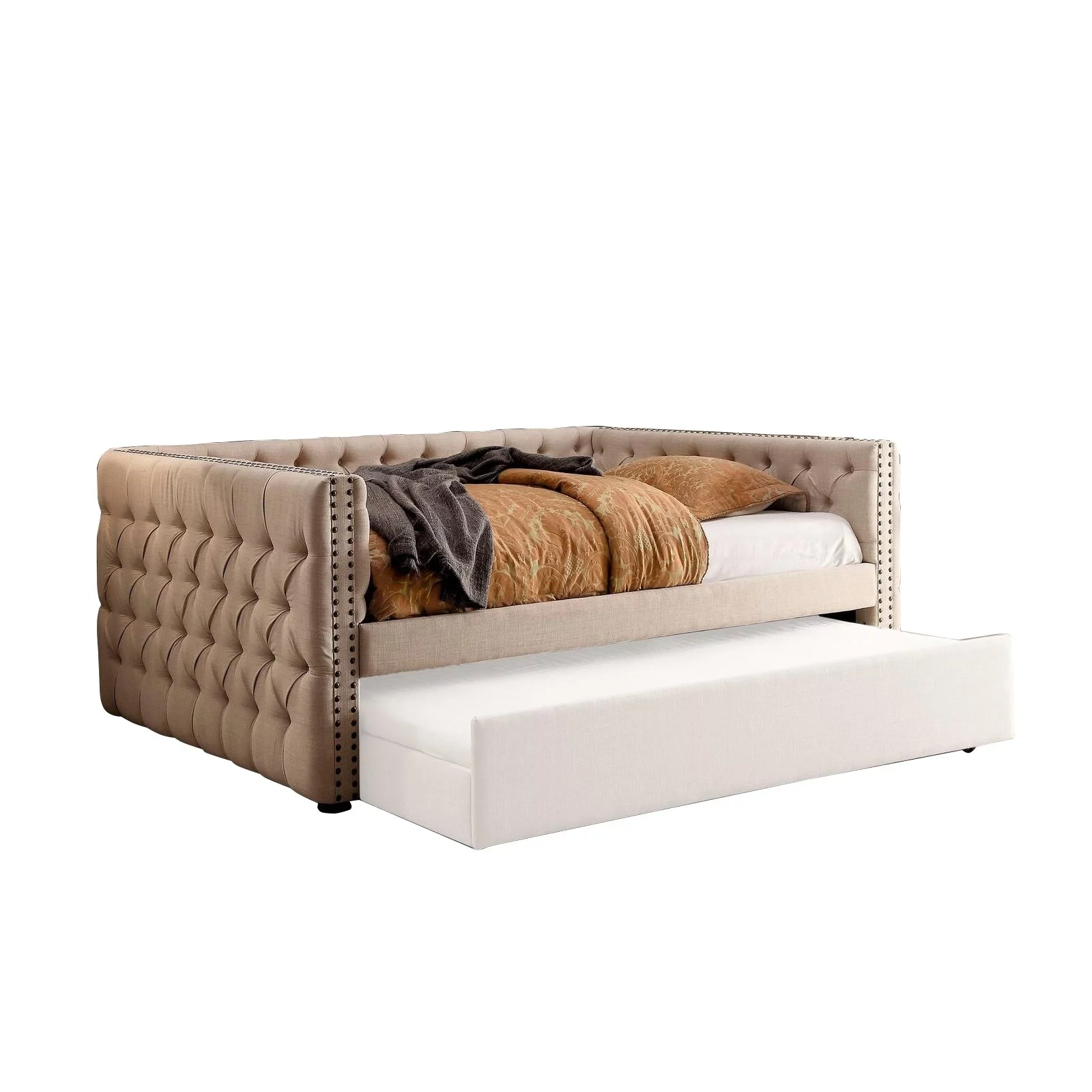 Fabric Upholstered Wooden Daybed with Diamond Button Tuftings, Beige