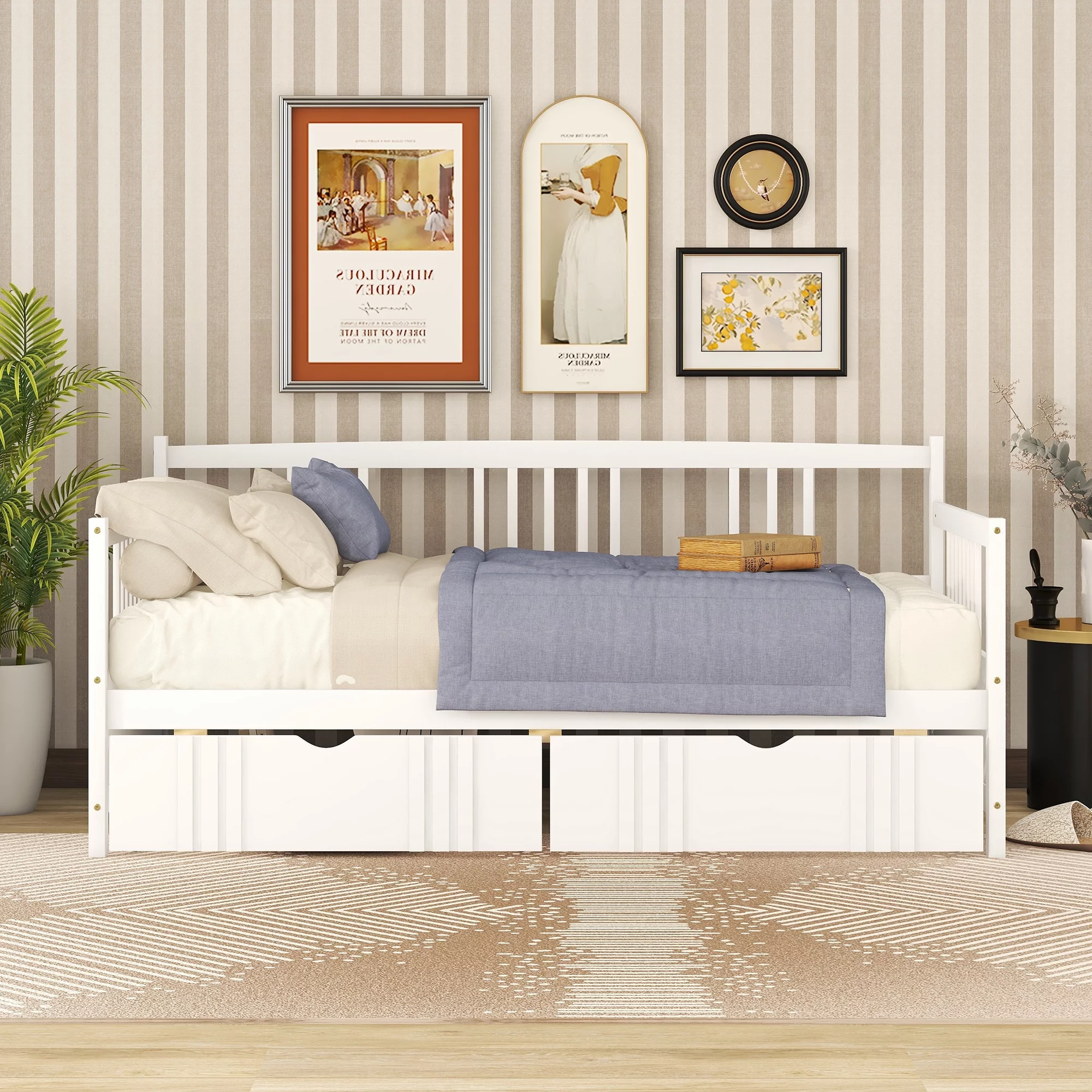 Gewnee Twin Wood Daybed with 2 Storage Drawers and with Wood Slat Support,White