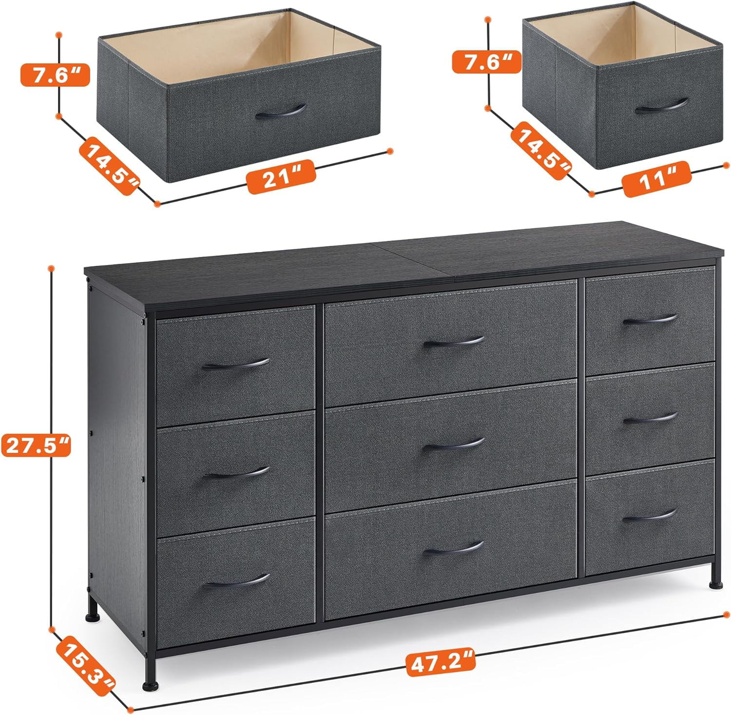 Dresser TV Stand with Drawers, Media Console Table for 60 '', TV Console with 9 Drawers for Bedroom, Entertainment Center with Sturdy Metal Frame & Wood Top, Living Room, Hallway, Grey