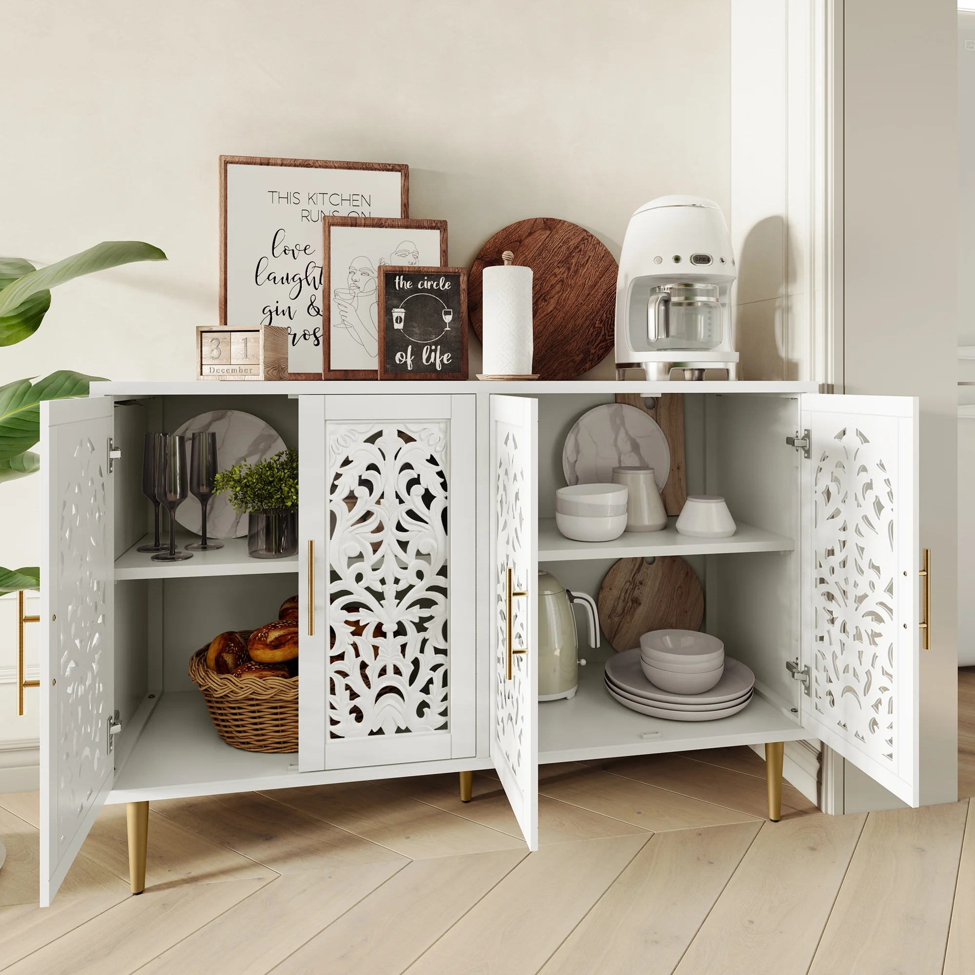 HLR 48'' Accent Cabinet with 4 Doors, Vintage Hollow Carving Storage Credenza, Sideboards and Buffets Cabinet for Living Room, Kitchen, Dining Room, Entryway