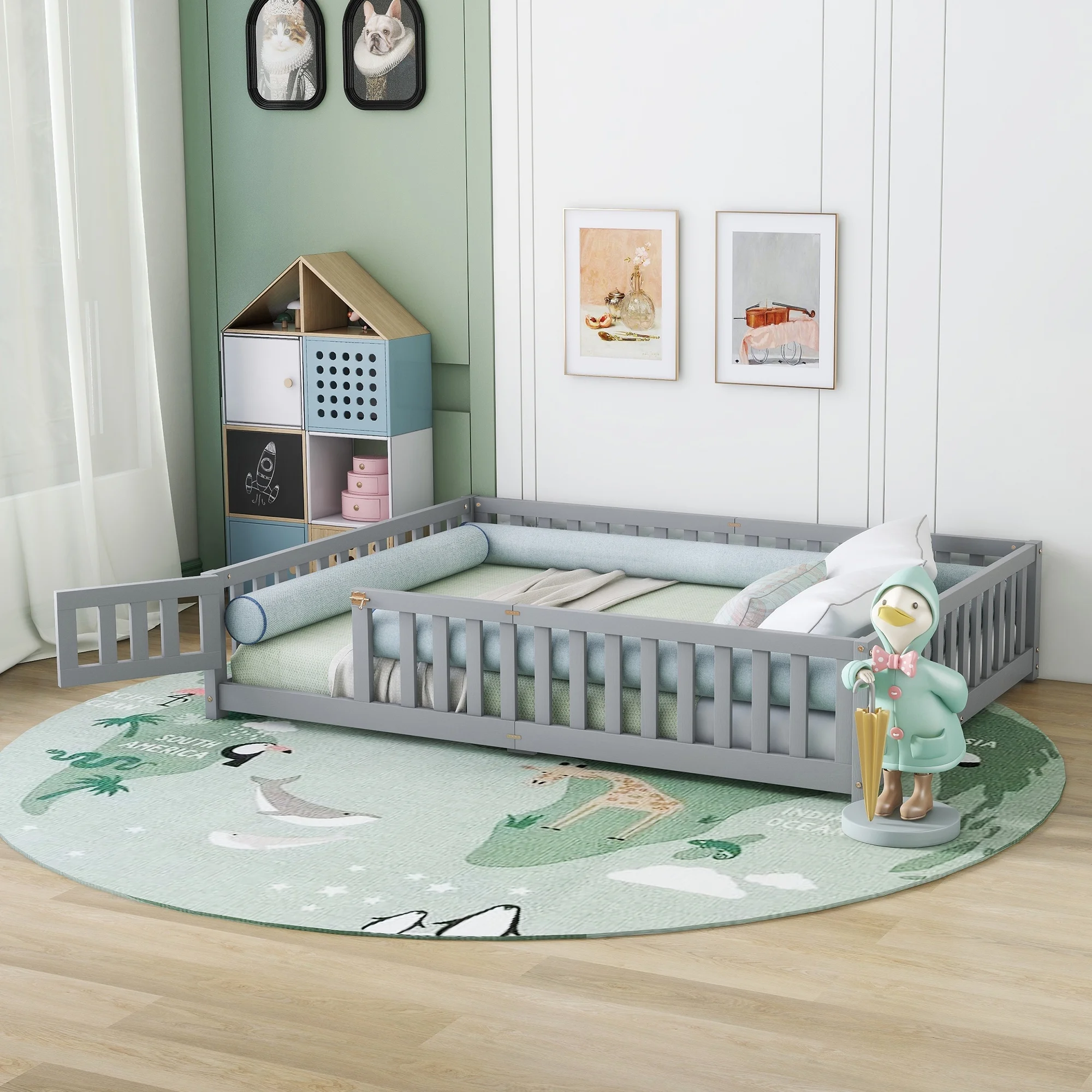 CoSoTower Queen Size Bed Floor Bed with Safety Guardrails and Door for Kids, Gray (Expect Arrival Date Nov.2Nd)