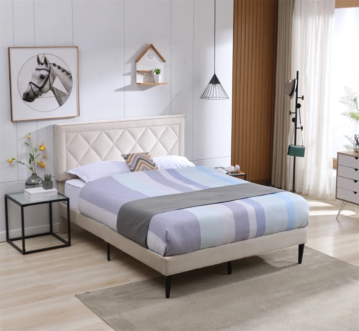 46.8”H Queen Size Upholstered Bed with Nailhead Trim