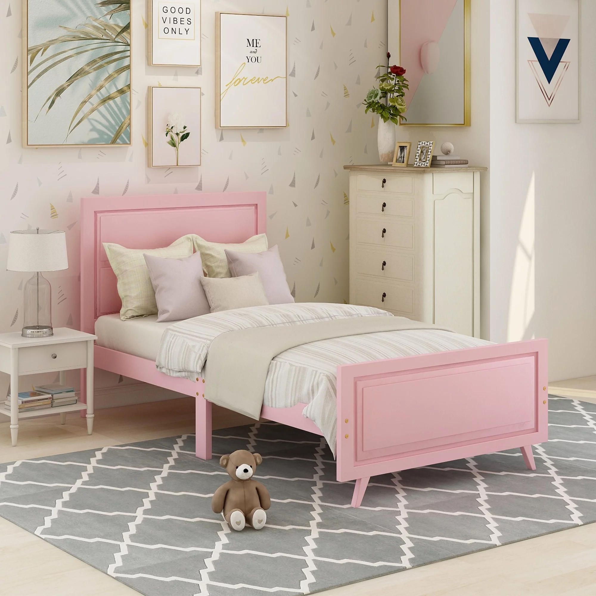 Twin Size Wood Platform Bed with Headboard No Box Spring Needed Wood Slat Support Easy Assembly