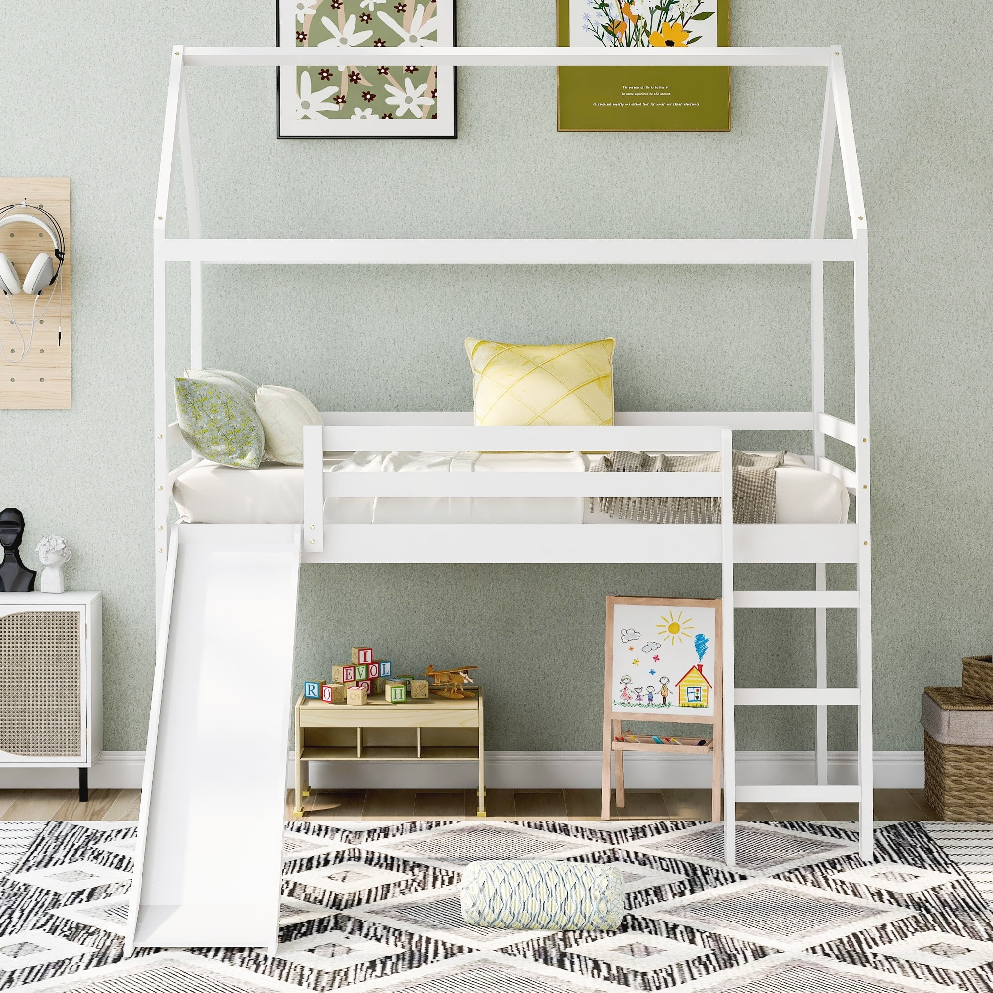 Nestfair  Twin Size Loft Bed with Slide White