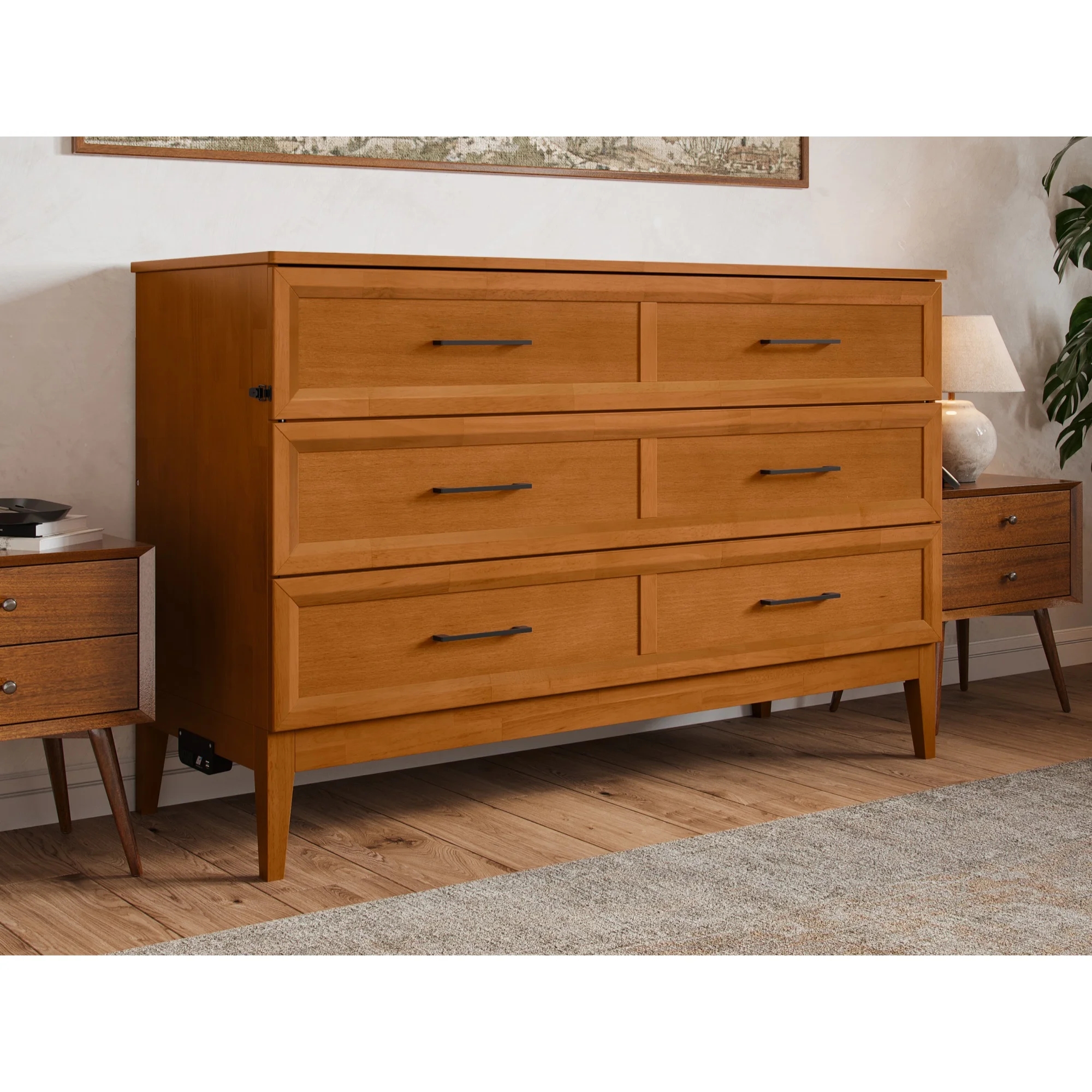 Santa Fe Queen Murphy Bed Chest with Mattress & Built-in Charger in Light Toffee