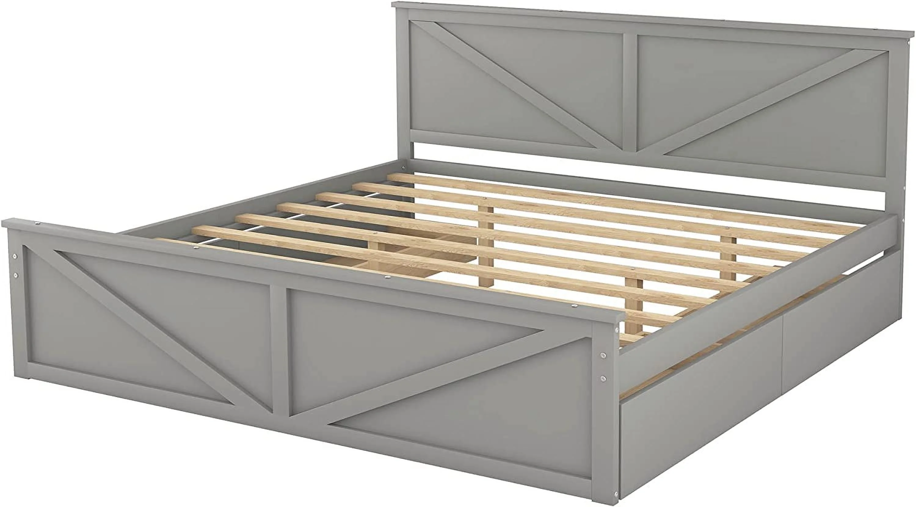 King Size Wooden Platform Bed with Four Storage Drawers and Support Legs