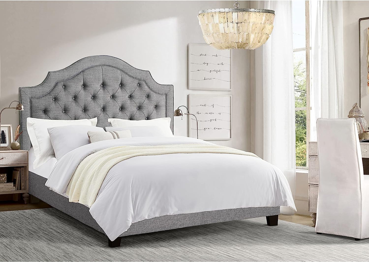 YINCHEN Jardin Button Tufted Platform Bed Frame/Fabric Upholstered Bed Frame with Adjustable Headboard/Wood Slat Support,King,Gray