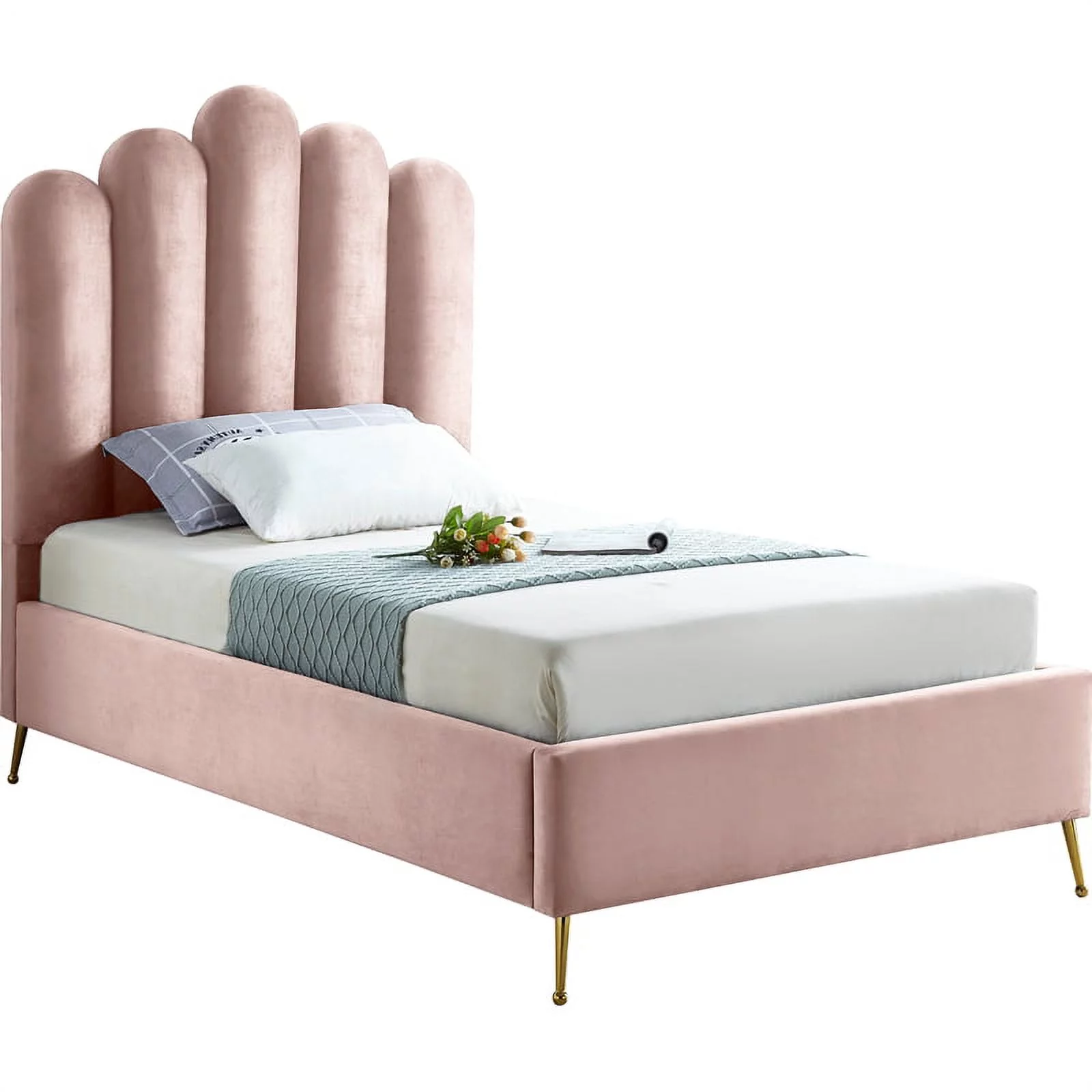 Meridian Furniture Lily Solid Wood and Tufted Velvet Twin Bed in Pink