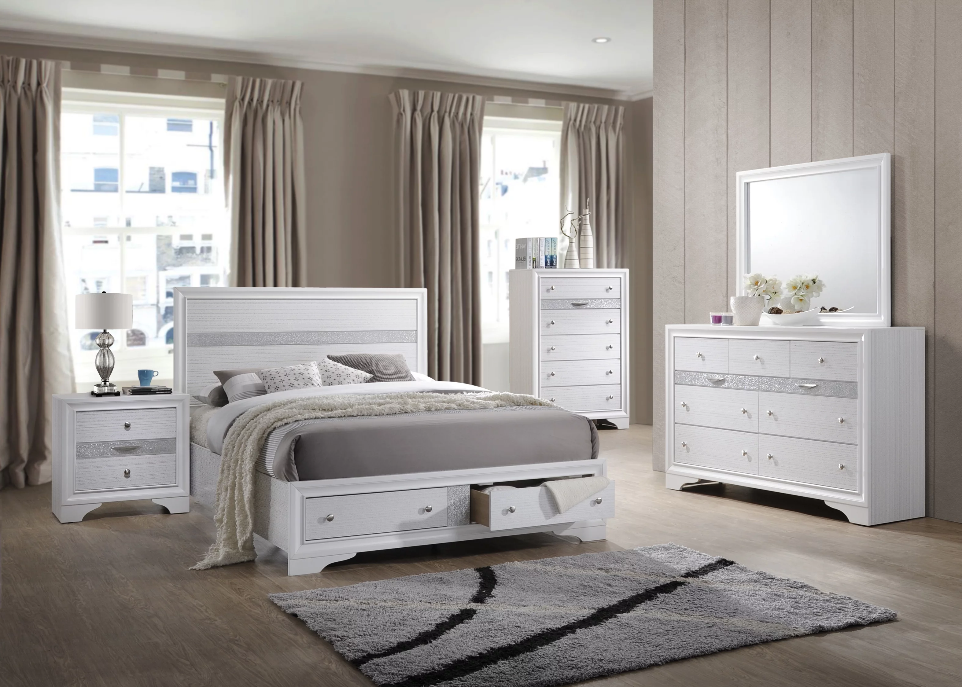 Tokyo 6 Piece Contemporary Storage Bedroom Set, King, White Wood