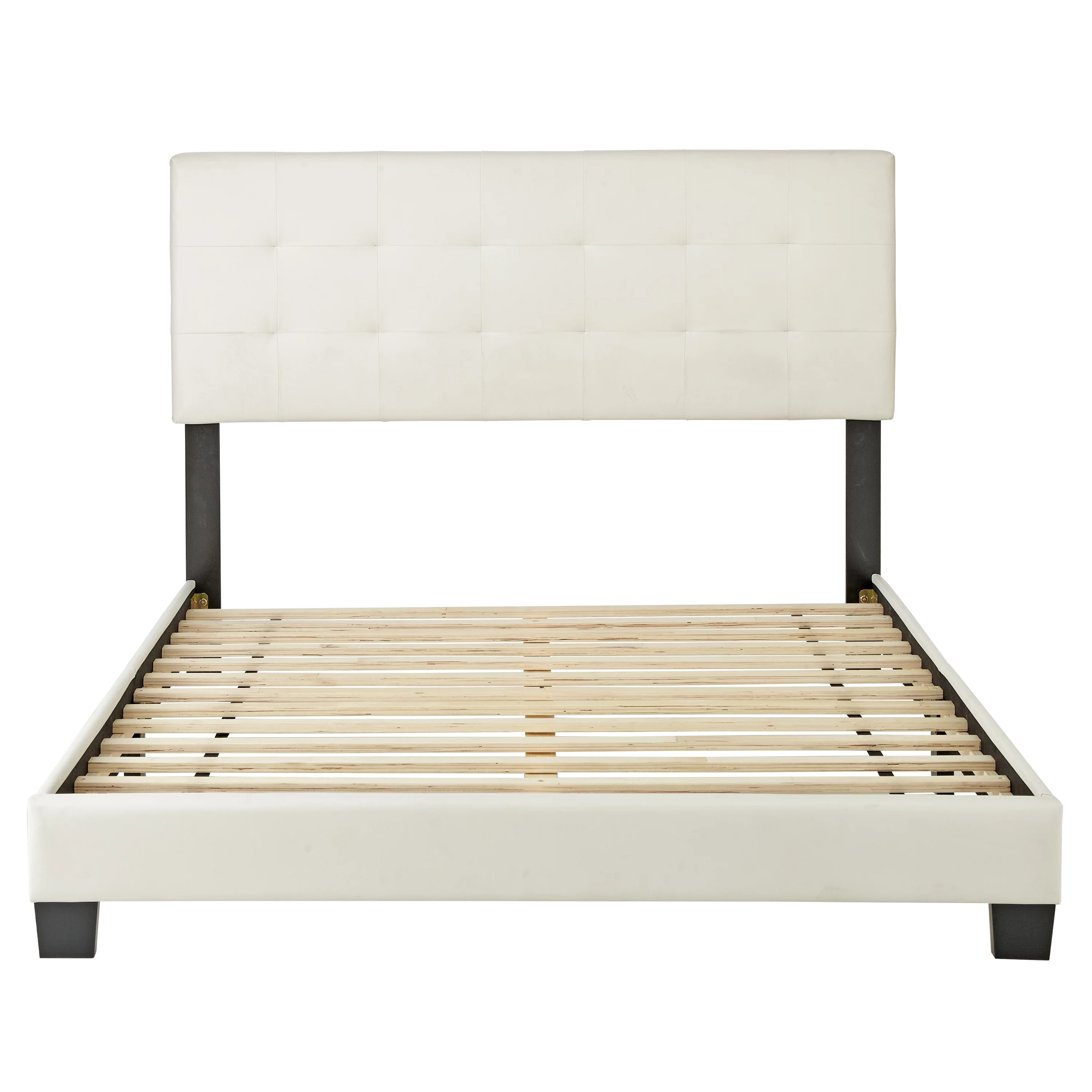 Boyd Sleep Roma Upholstered Tufted Faux Leather Platform Bed with Bonus Base Wooden Slat System, Queen, White