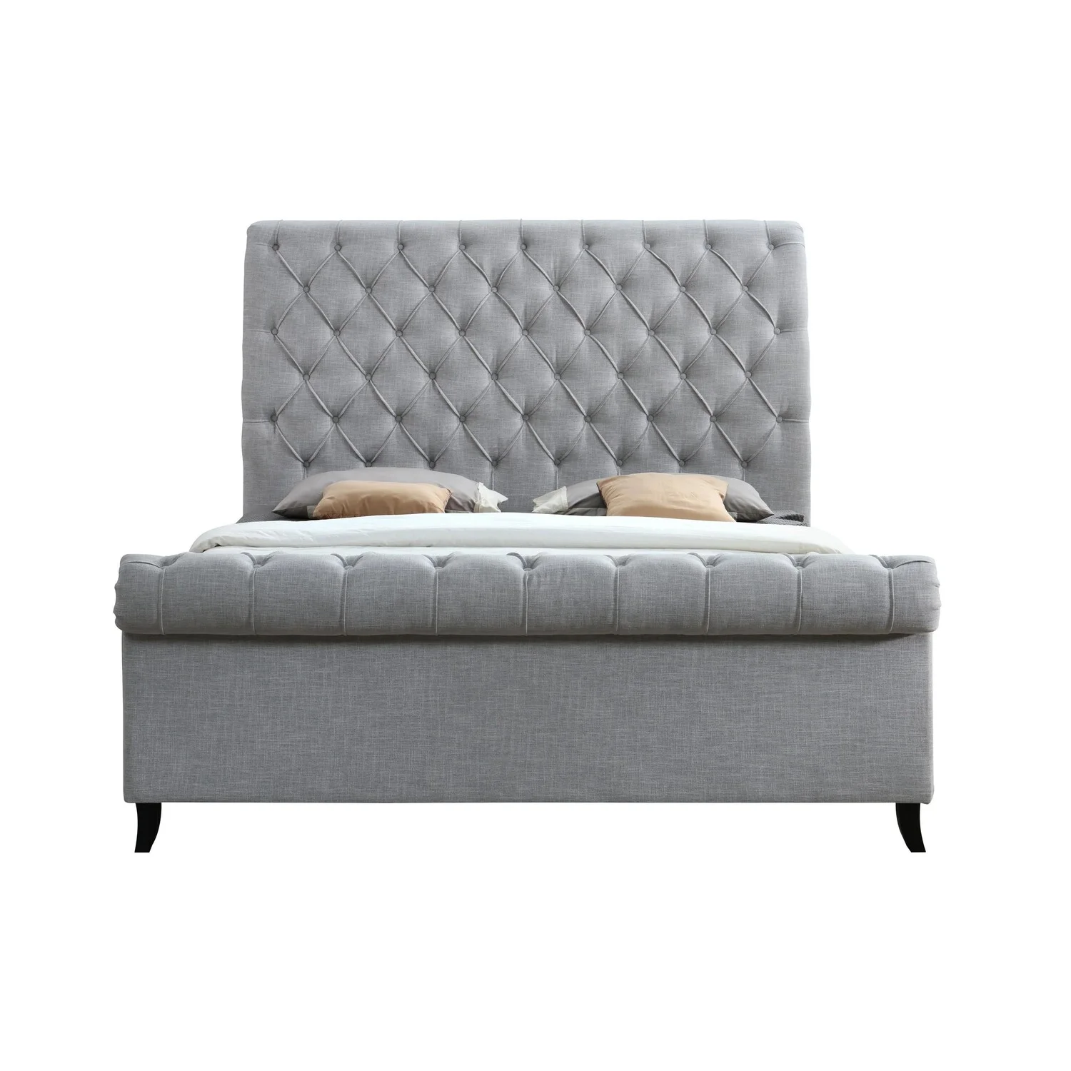 Benjara Magnolia King Size Bed, Tufted Upholstered Rolled Top Headboard, Gray