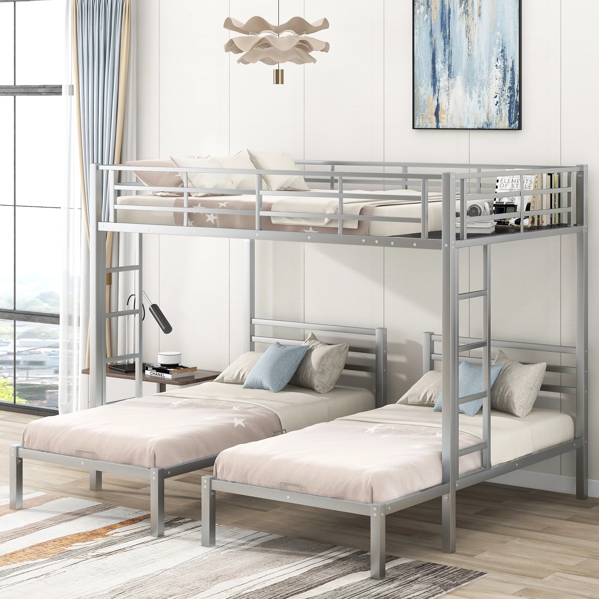 iRerts Triple Bunk Bed Metal Frame, Bunk Beds Full over Twin over Twin for Kids Teens Adults, Full over Twin over Twin Bunk Bed with Built-in Shelf and Safety Guardrail for Bedroom, Silver