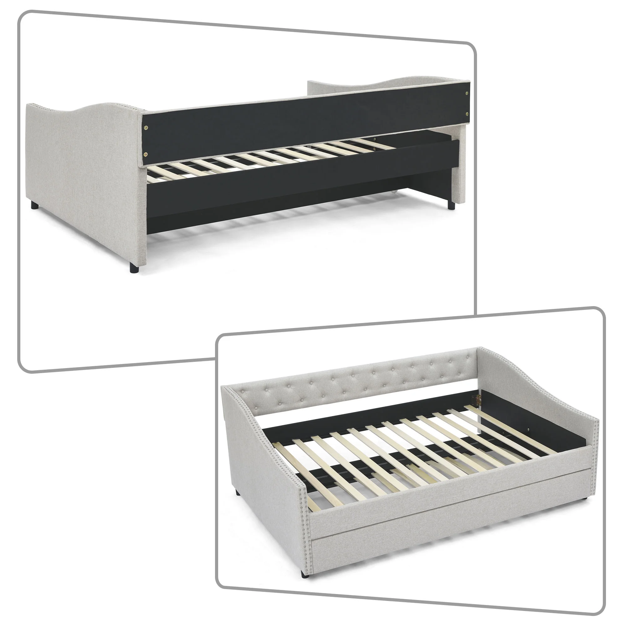 Elegant Luxurious Full Size Polyester Fabric Upholstered Daybed with Twin Size Trundle Bed, Beige