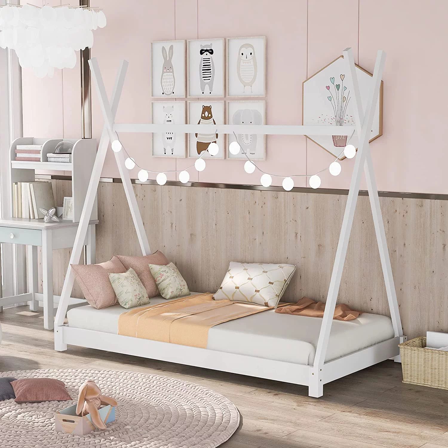 YGDU Twin Wood Teepee Bed Cute Tent Platform Bed for Kids Boys Girls,No Box Spring Needed,Easy Assemble (Twin,White)
