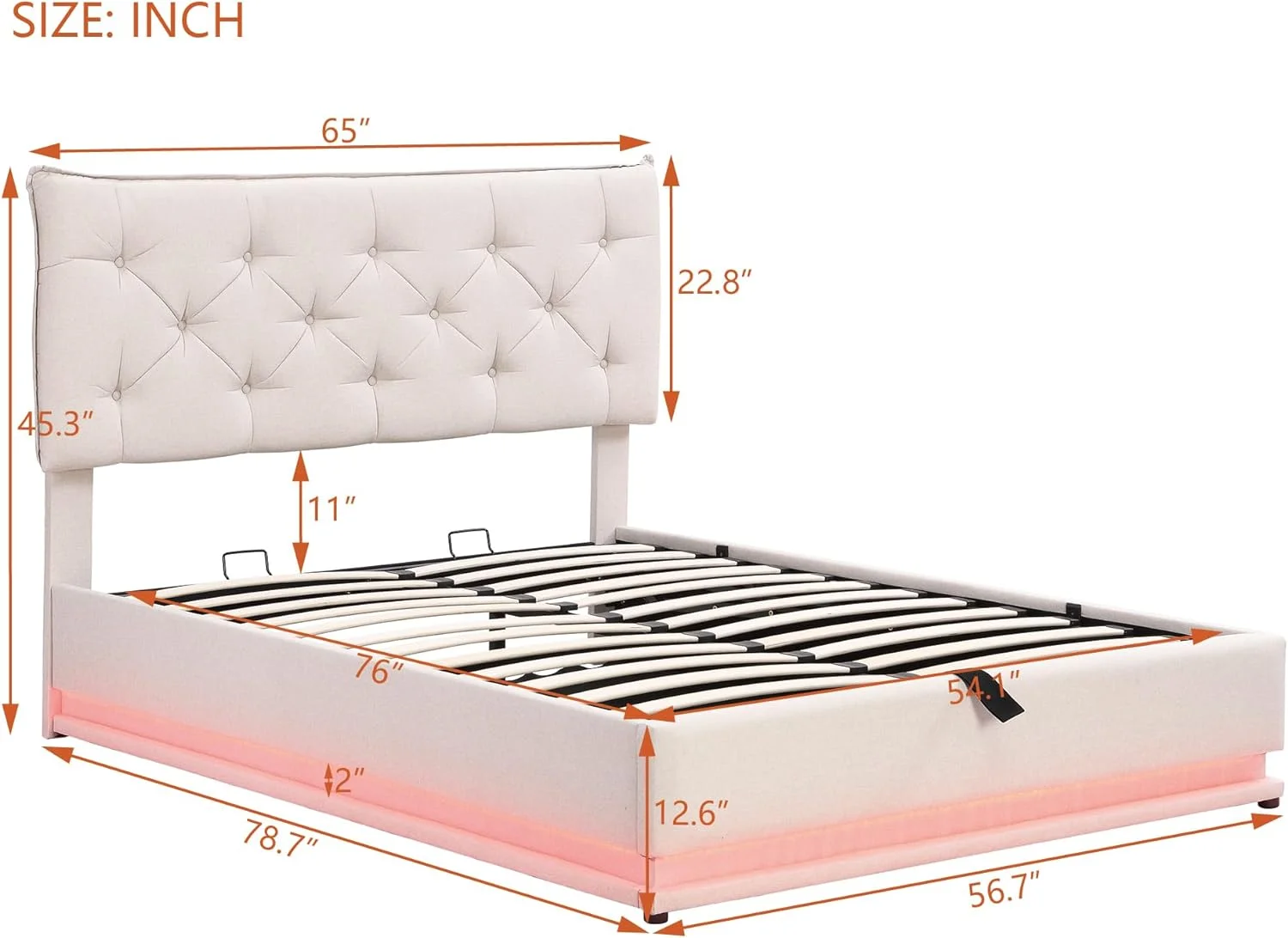 Full Upholstered Bed With Lift Up Storage And LED Light, Modern Full Platform Bed With Button-Tufted Headboard, Wood Full Size Bed Frame For Bedroom, Linen, Beige, HZG-SF000038AAA