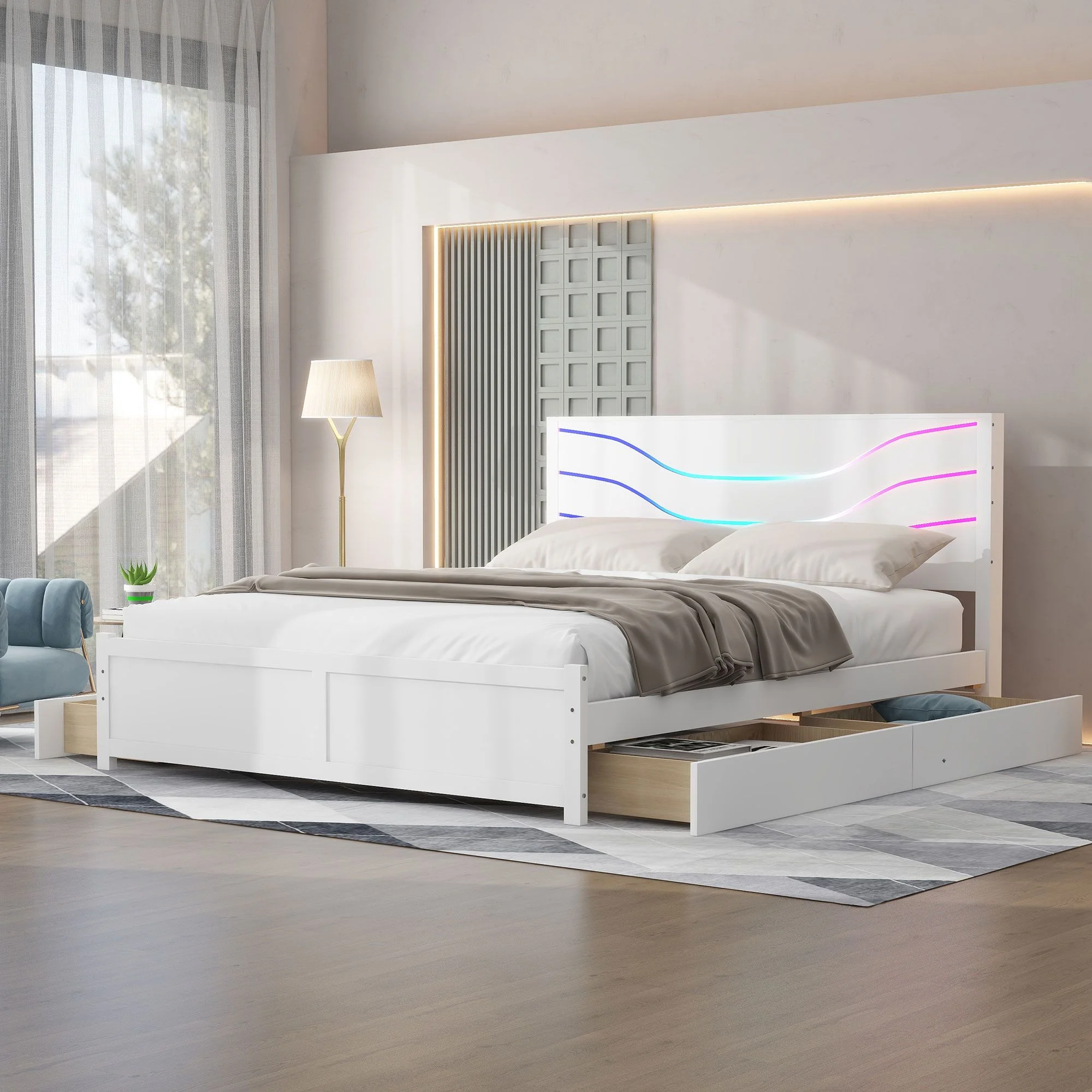 Queen Wood Platform Bed Mattress Foundation with LED and 4 Drawers, Bed Frame Storage Bed w/ Wooden Slats for Boy Girl, No Box Spring Needed, Easy Assembly