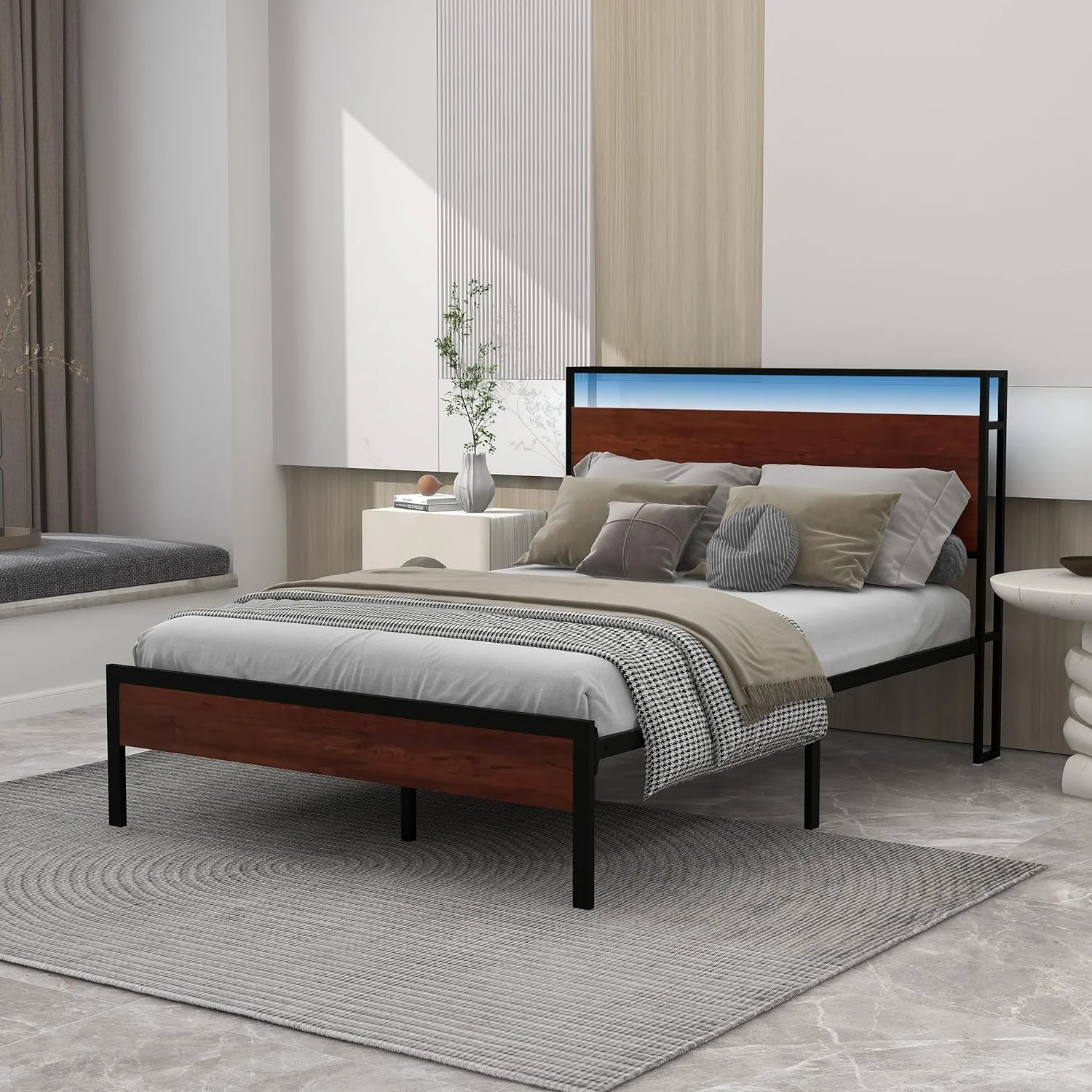 NNV Full Size Metal Platform Bed Frame with USB Ports, LED Lights Storage Headboard for Adults, Mahogany