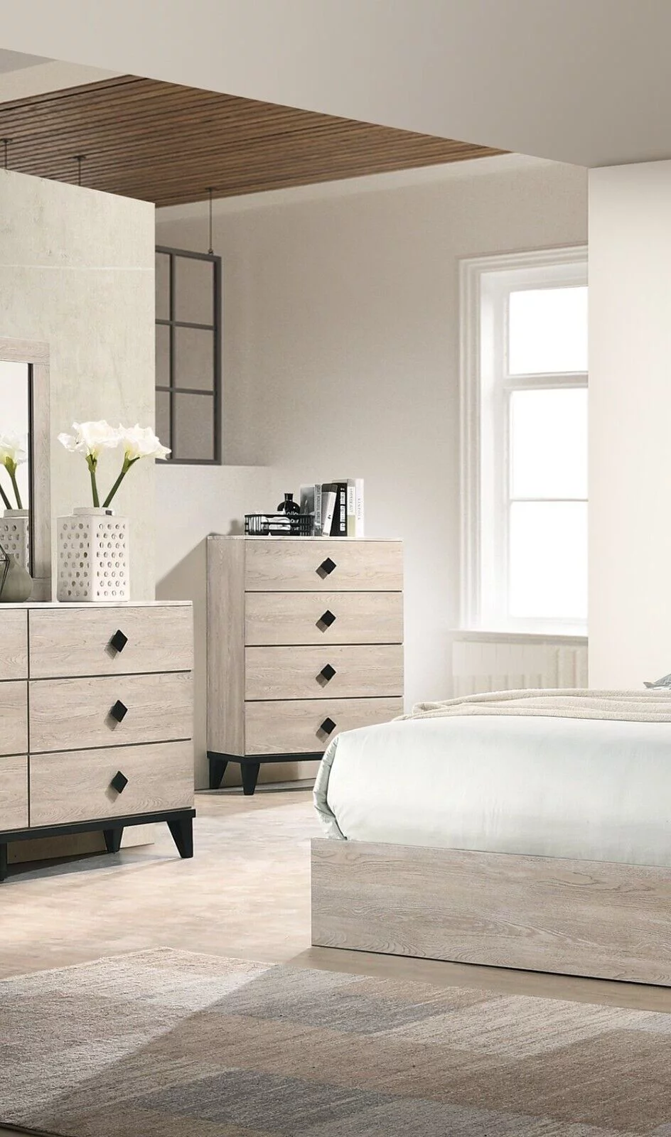 6pc Bedroom Queen Size Bed Set Transitional Style Dresser Mirror Nightstands Chest Wooden Furniture Cream Color