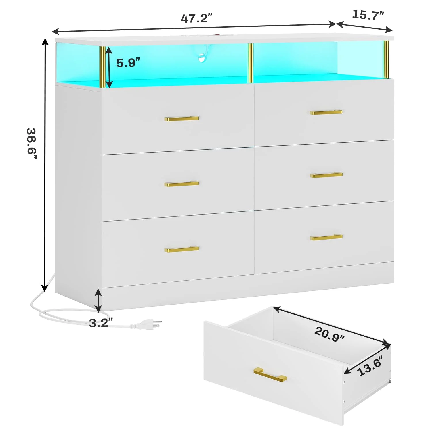 Elrhdgi Furniture Chests,6 Drawers Dresser with LED Lights and Charging Station, Chest of Drawers with Column Design,White