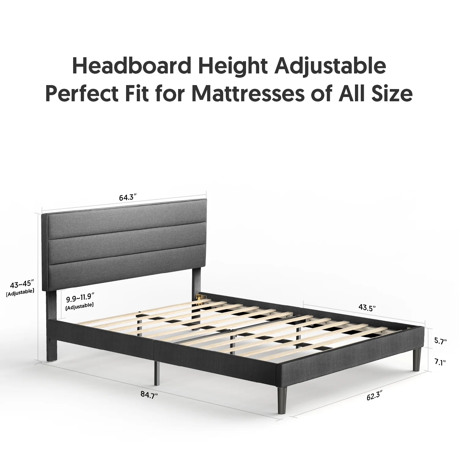 Queen Size Bed Frame Modern Horizontal Panel Upholstered Low Profile Platform with Tufted Headboard/No Box Spring Needed/No Bed Skirt Needed/Linen Fabric Upholstery, Grey