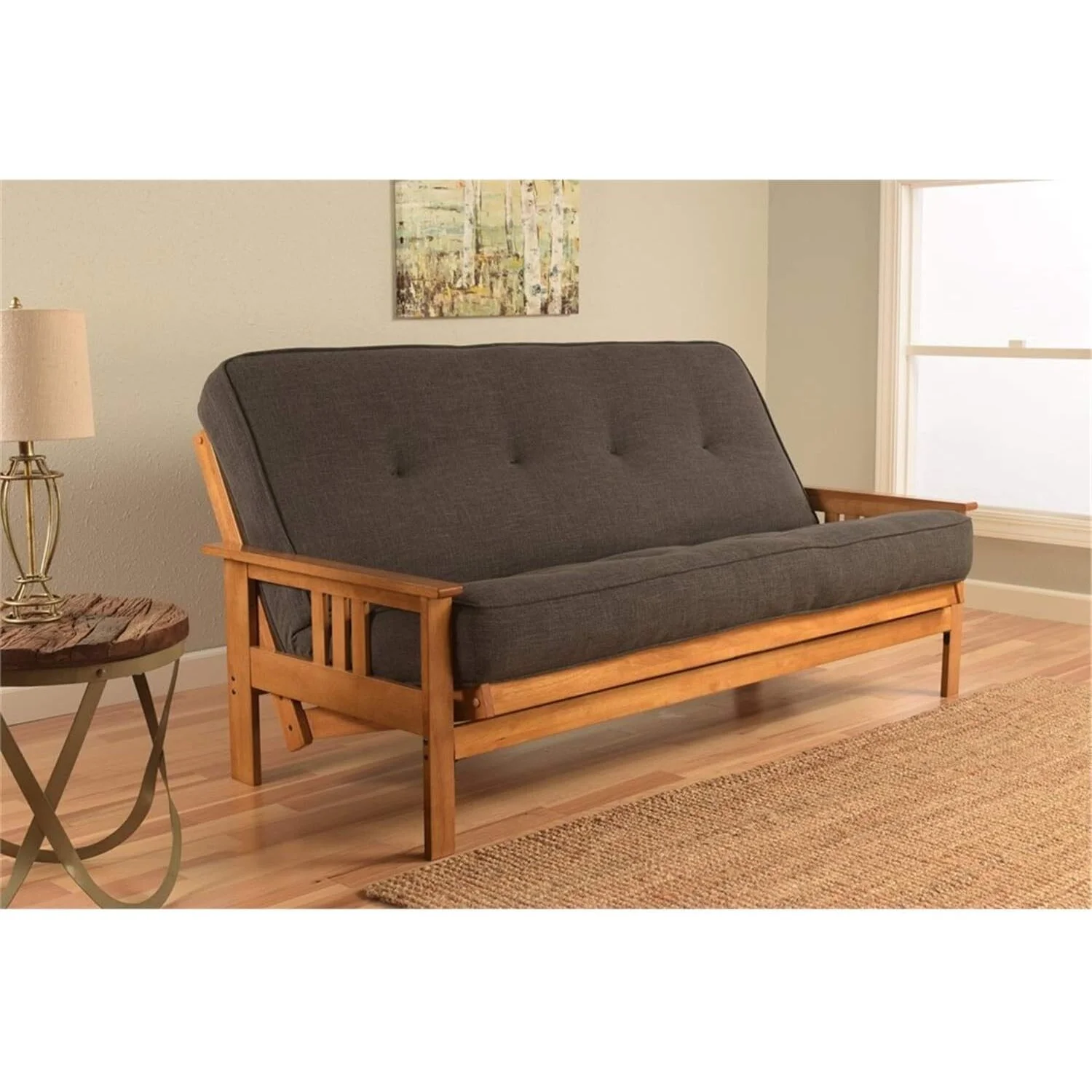 Homestock Earthy Elegance Futon Frame-Butternut Finish-Linen Charcoal Full Size Mattress