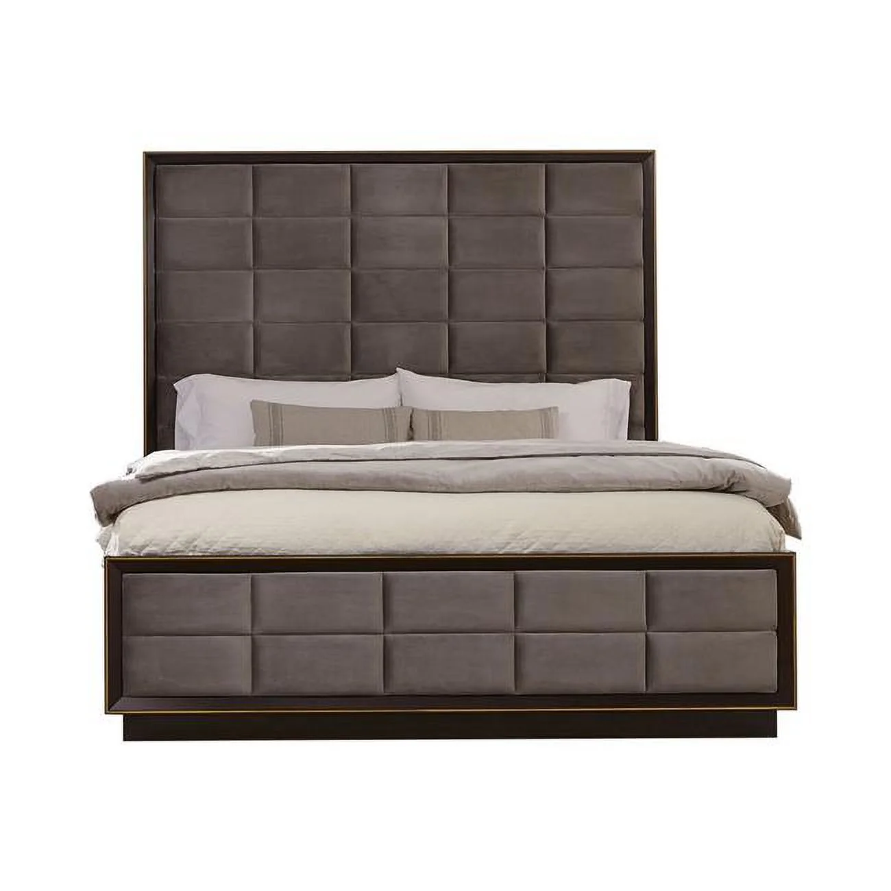 Benjara Rectangular Tufting On Gray Upholstery Vaulted Headboard Oslo King Size Bed, Gray Brown