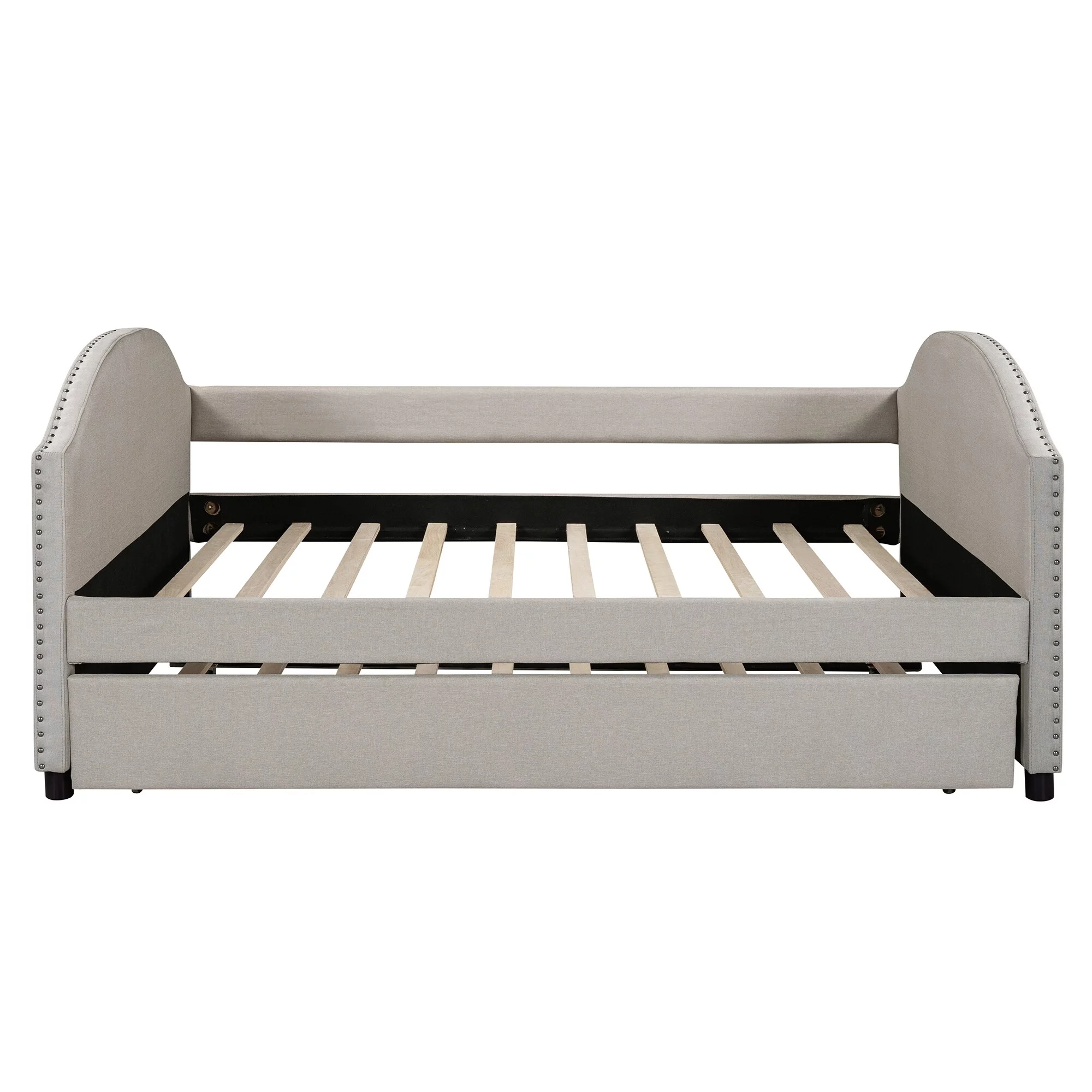 Beige Full size Upholstered Daybed with Twin Size Trundle, Feature a Backrest and Two Armrests With Rivets, Wood Slat Support