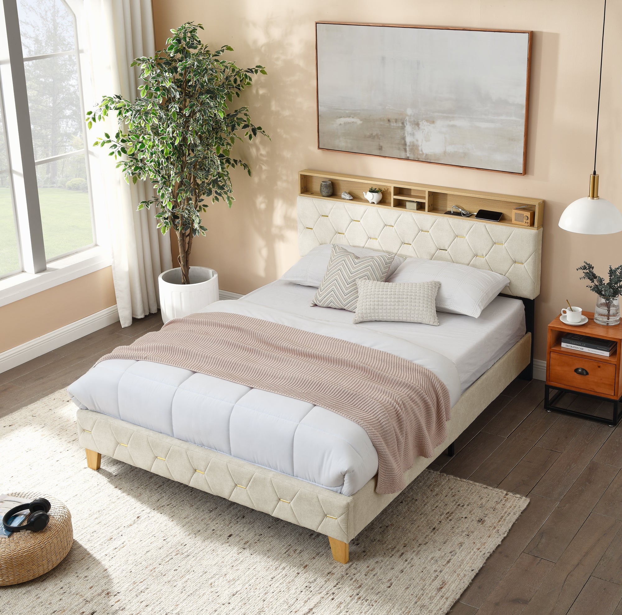 Brock Queen Size Platform Bed Frame - Beige
