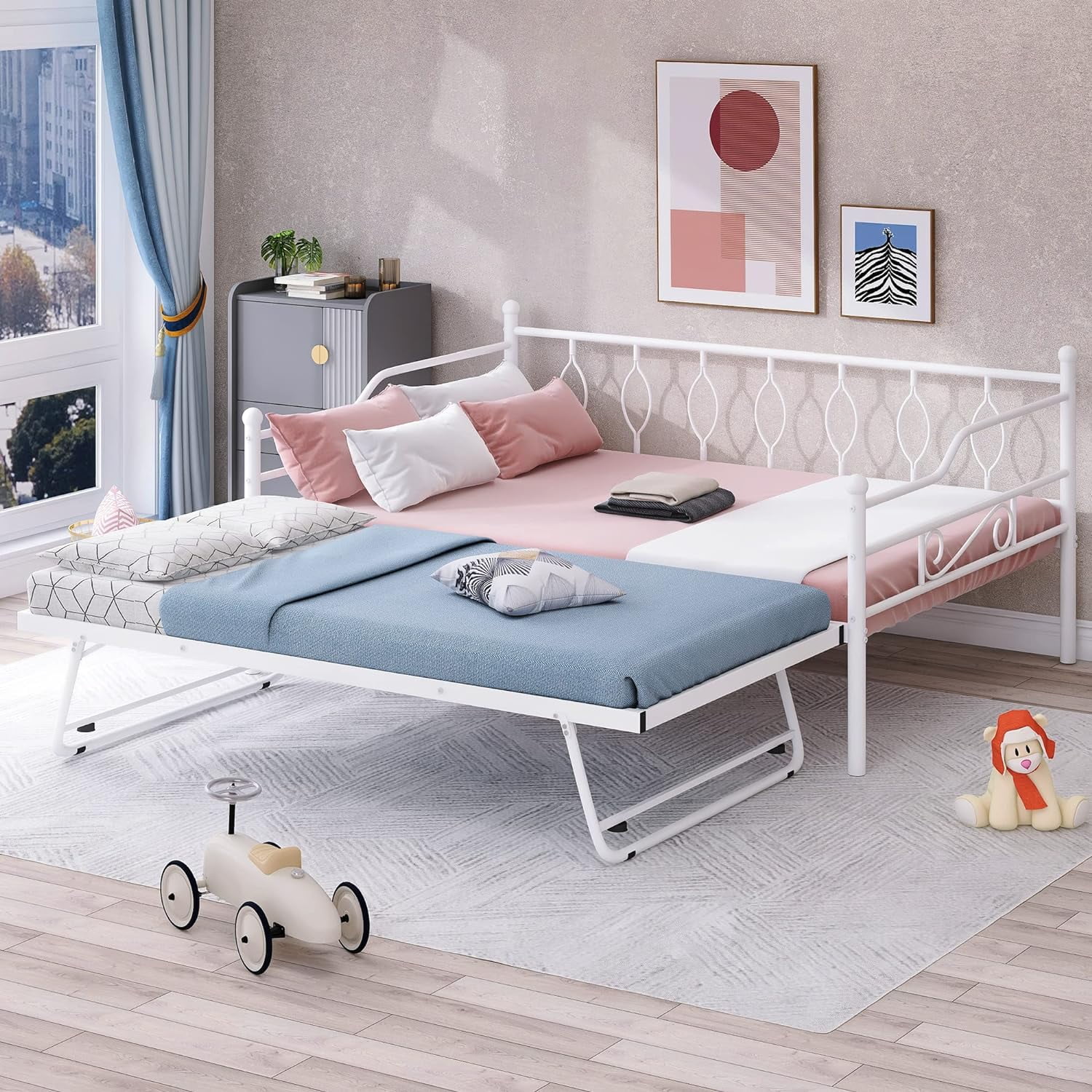 Full Size Metal Daybed With Adjustable Trudle, Heavy-Duty Steel Full Pull Dow Trudle Bed, Full For Bedroom, Livig Room (Portable Foldig White)