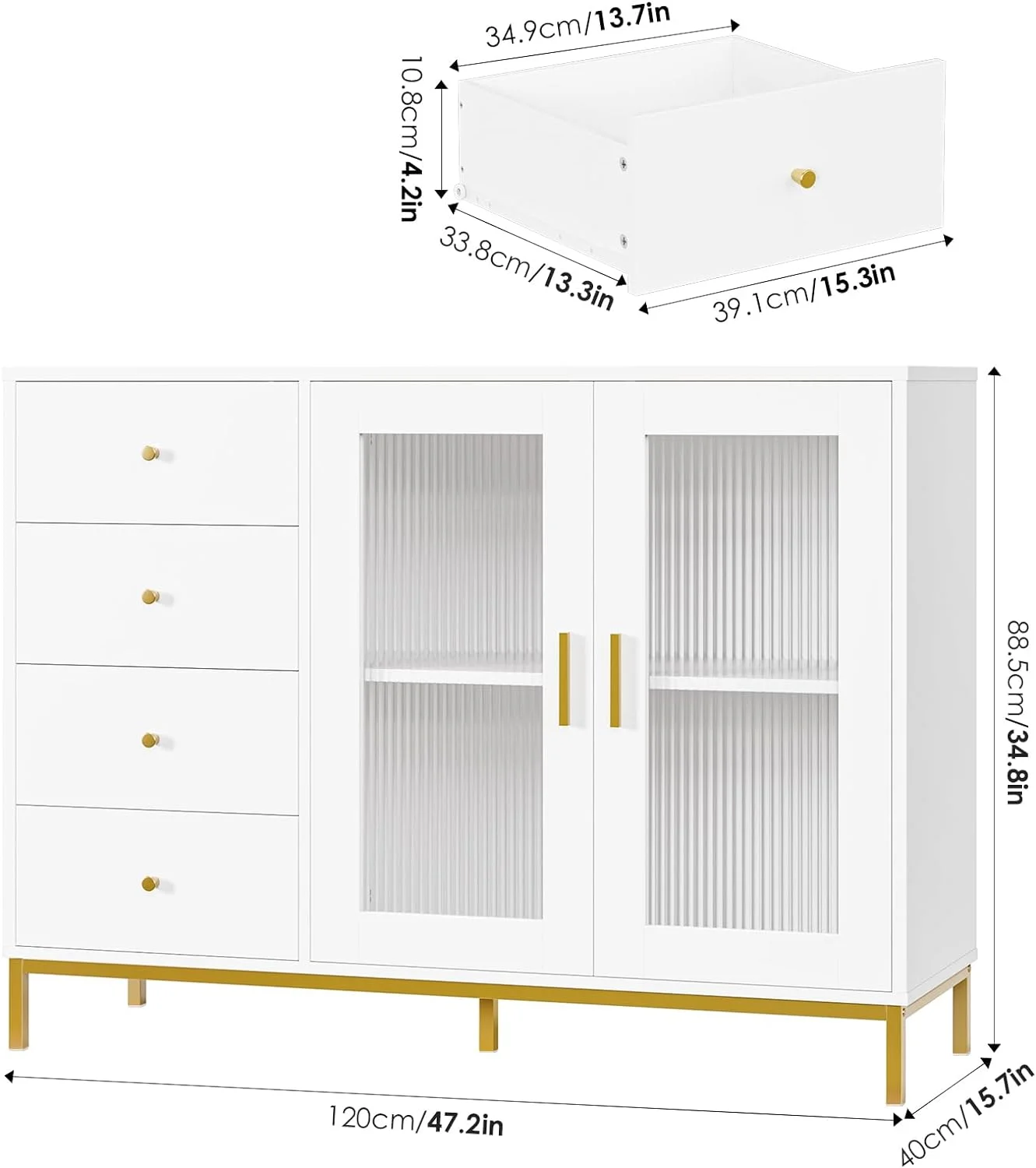 TJUNBOLIFE White Dresser  47.2" White Gold Dresser with Fluted Glass Doors and Gold Metal Legs  Gold Dresser Modern  Dresser Large  for Home  Office