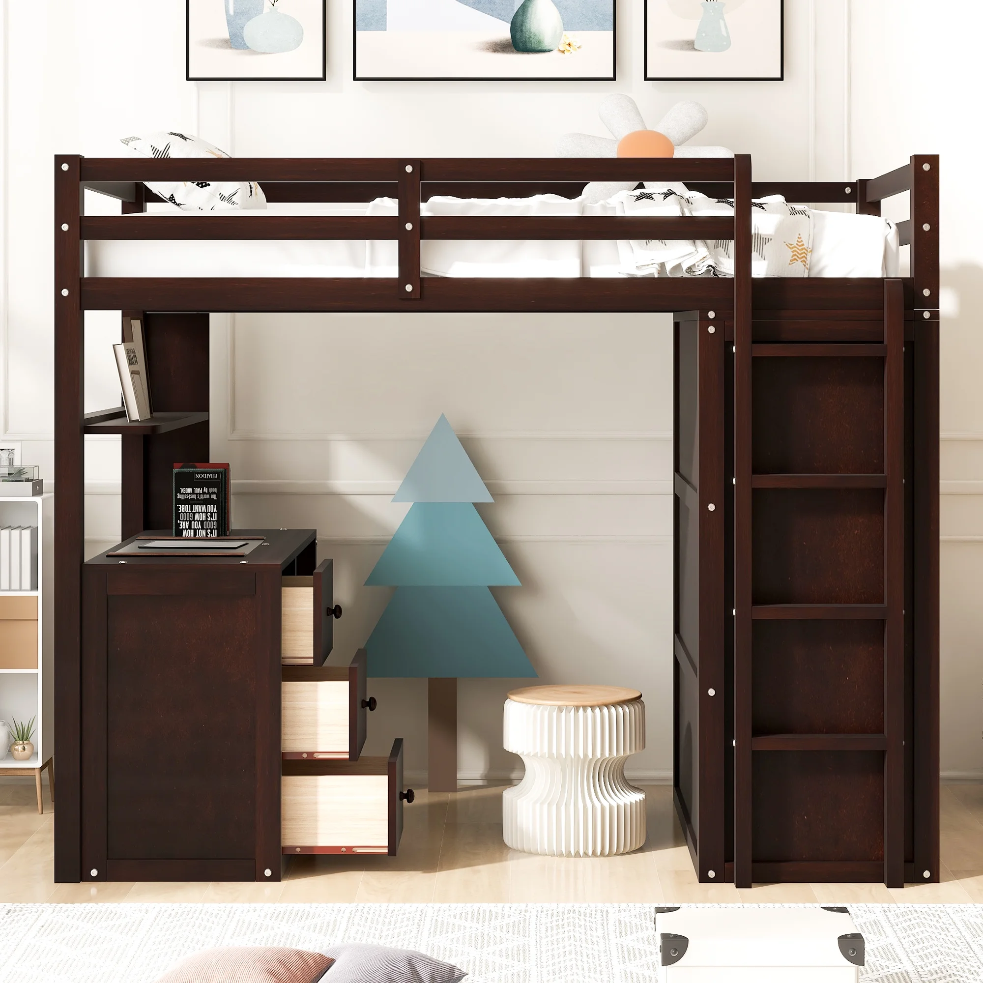 Seizeen Wooden Twin Size Loft Bed for Kids, Twin Loft Bed with Drawers, Desk, Wardrobe, Ladder & Safety Rails, Modern Bedroom Space Saving Loft Bed Frame with Storage, No Box Spring Needed, Espresso