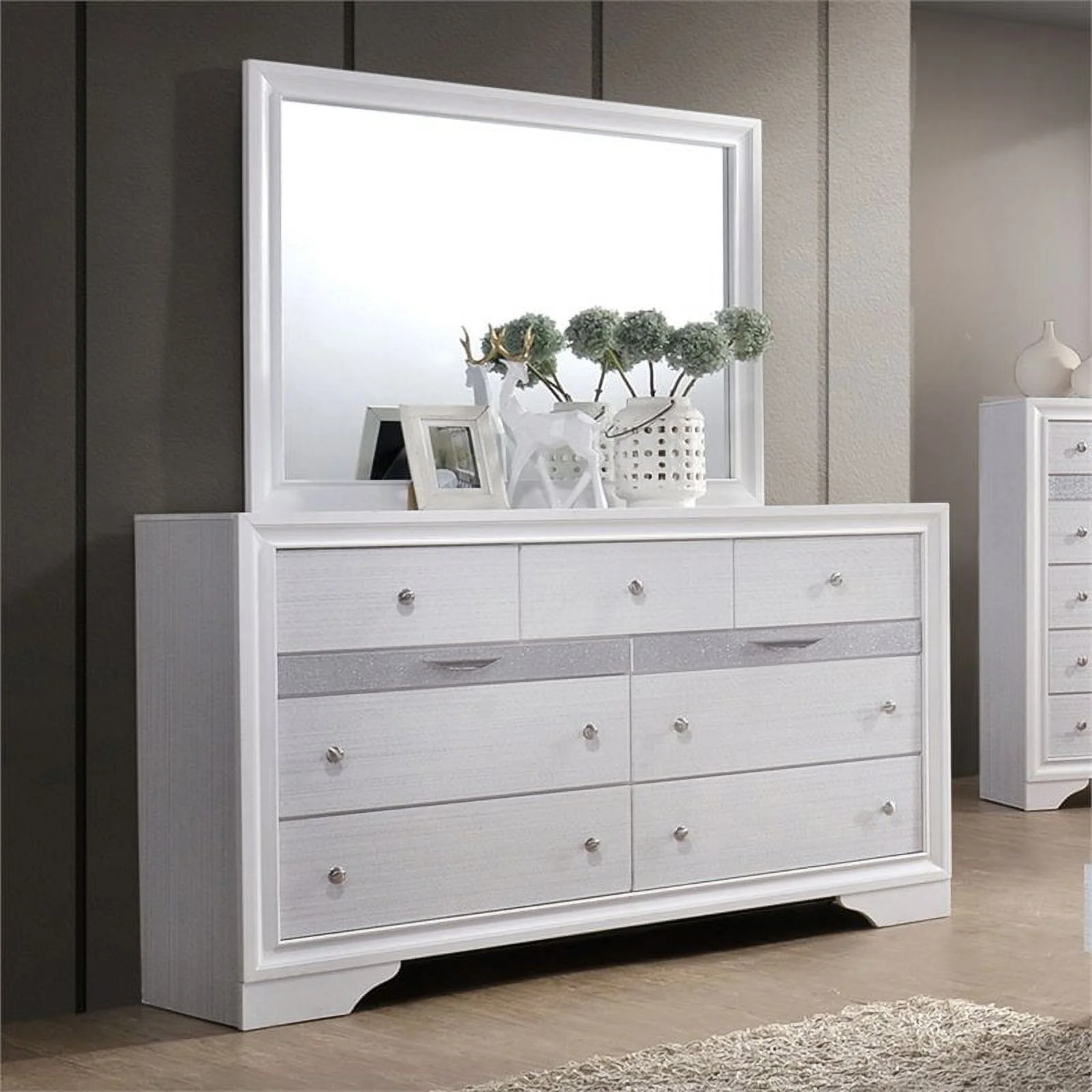 Furniture of America Laren Contemporary 2-Piece Wood Dresser and Mirror in White