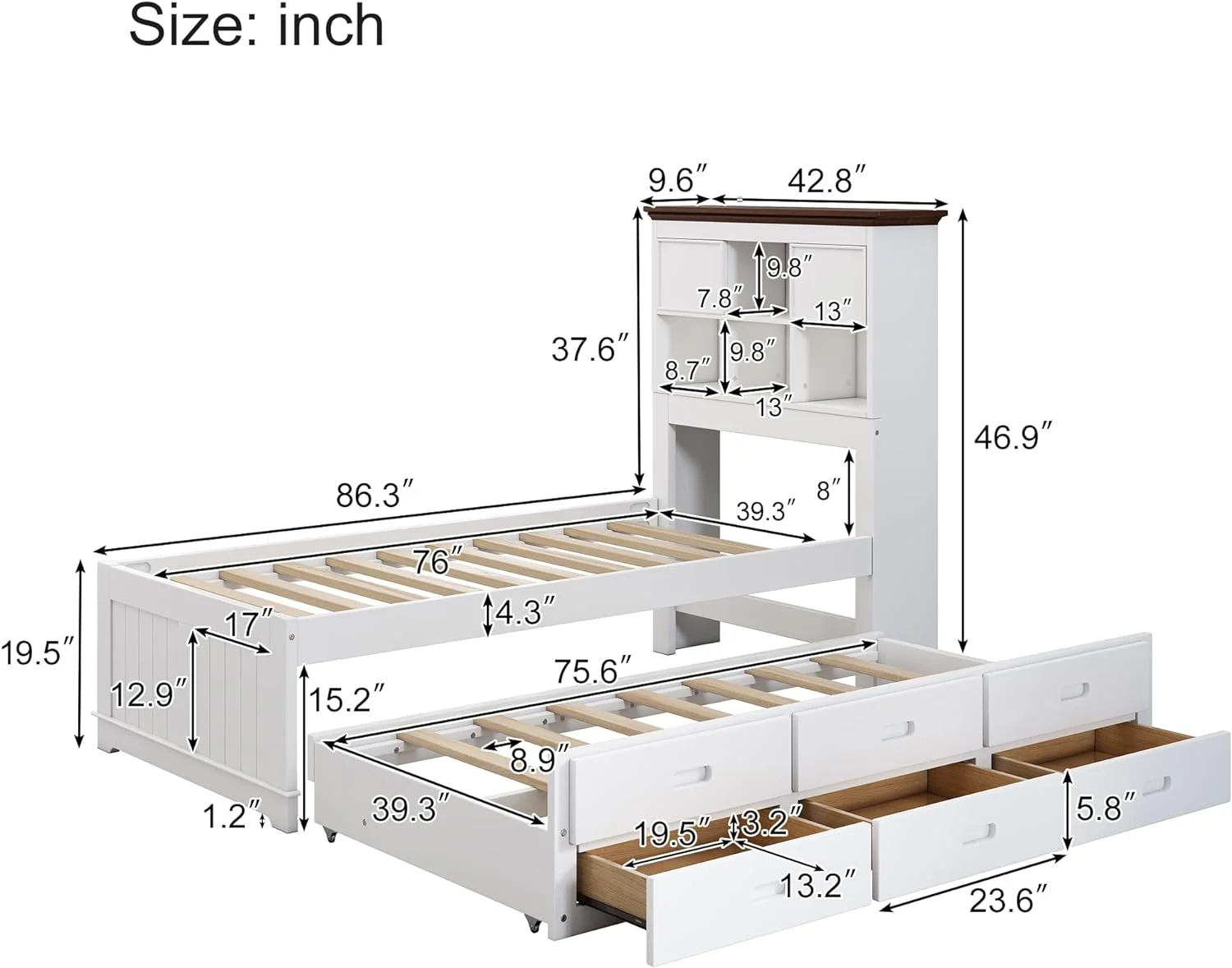 Platform Bed With Size Trudle Ad 3 Storage Drawers, Captai Bed With Bookcase Headboard, Storage Bed Frame For Livig Room Bedrooms, o Box Sprig eeded, White+Walut