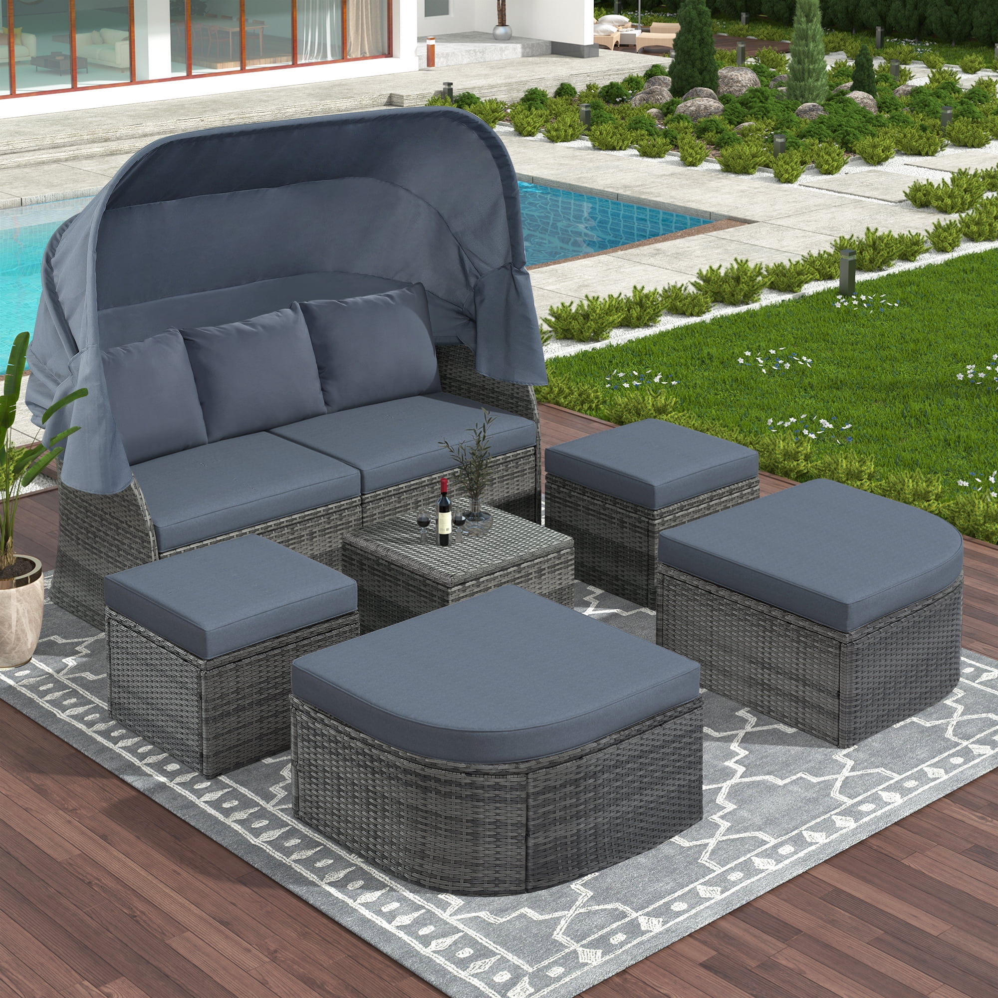 Glavbiku 6Pcs Outdoor Patio Sofa Set,Daybed Sunbed with Retractable Canopy,Wicker Furniture,Gray
