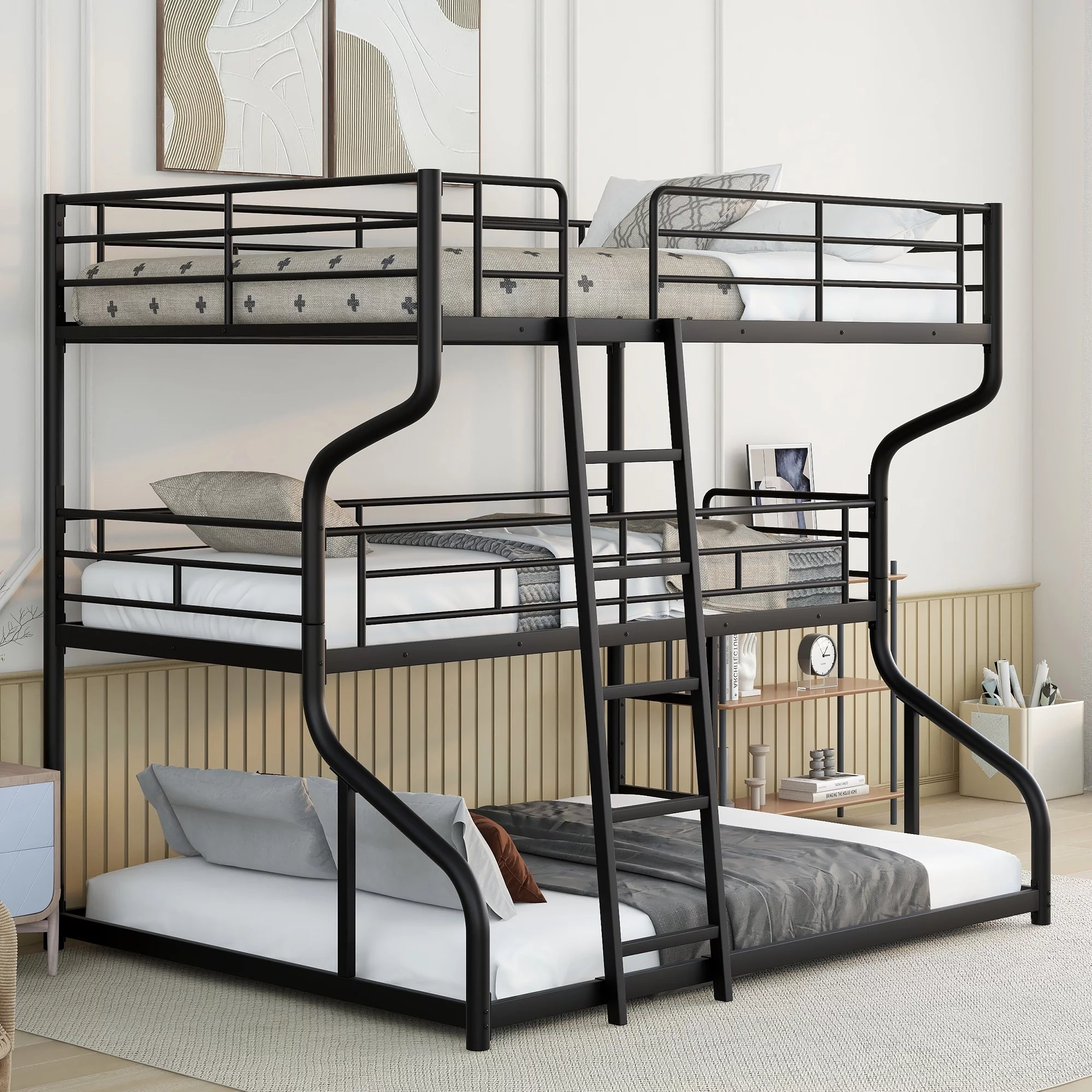 Euroco Solid Metal Bed, Full XL over Twin XL over Queen Size Triple Bunk Bed for Kids’ Room, Three Beds for Both Kids and Adults, Black