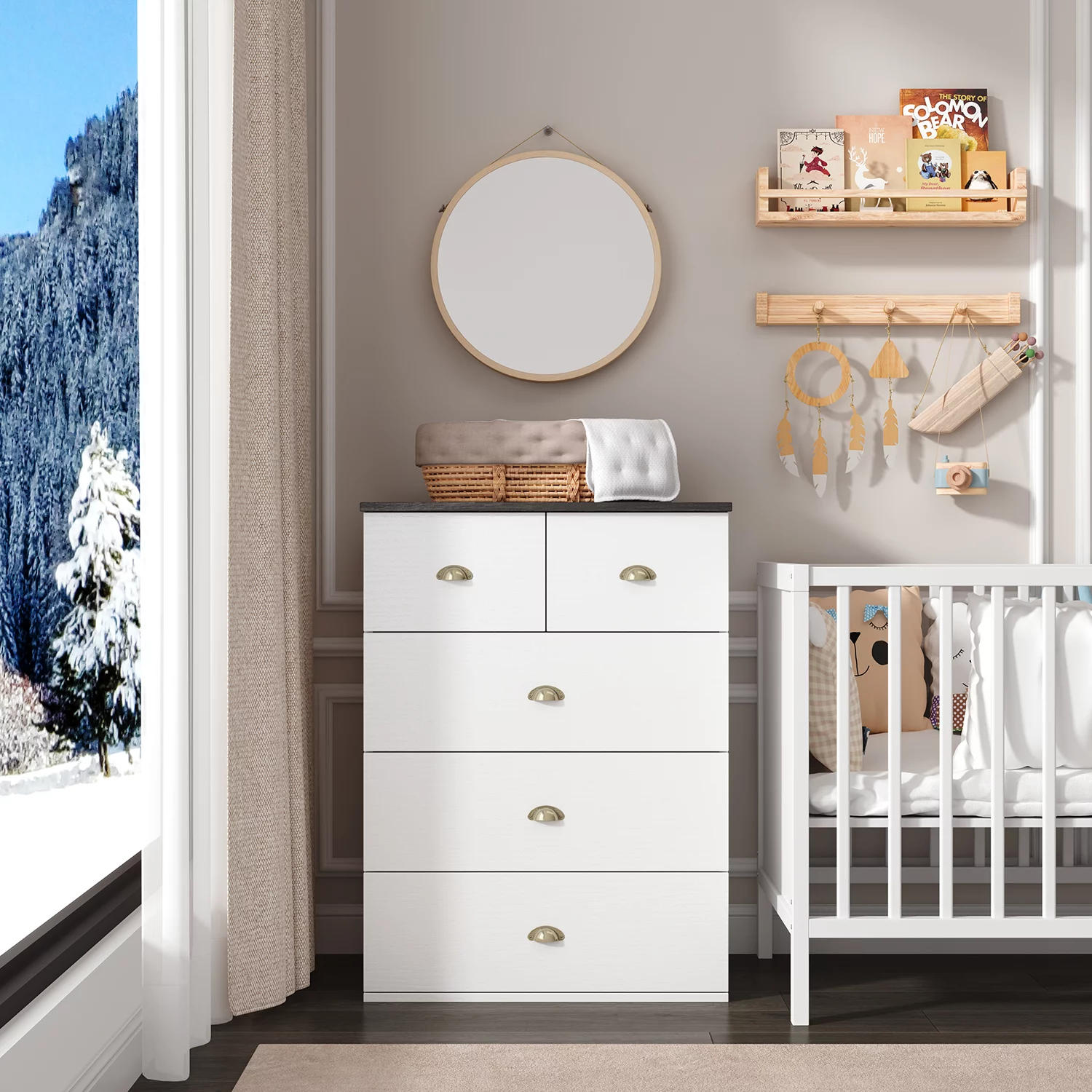 Contemporary White Wooden Natrual Square Nightstand with 5 Drawer Dresser for Bedroom with Storage
