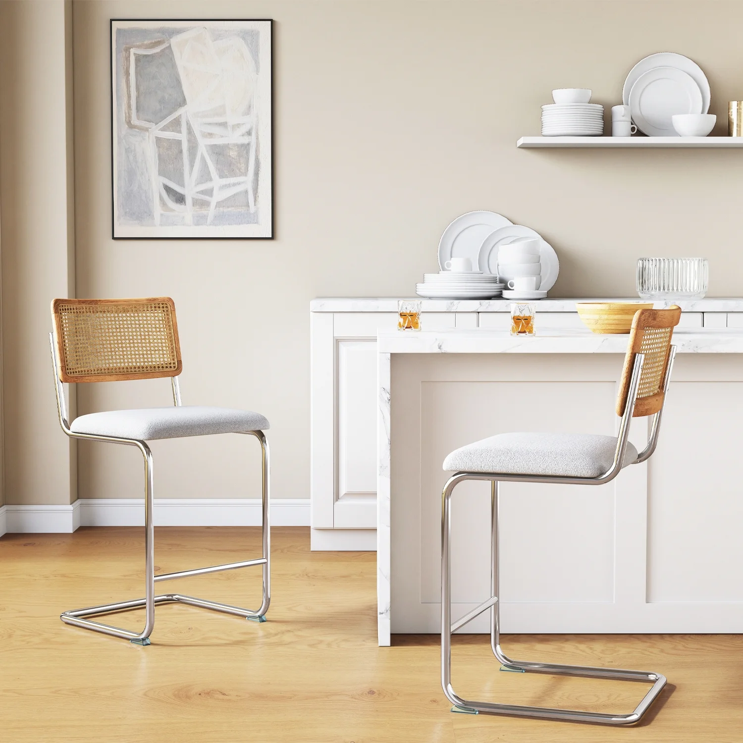 GrandNoor White Modern Counter Height Bar Stools Set of 2 with Natural Rattan Cane and Solid Wood Backs, 24 Inch Upholstery with Metal Chrome Legs Mid Century Bar Chairs